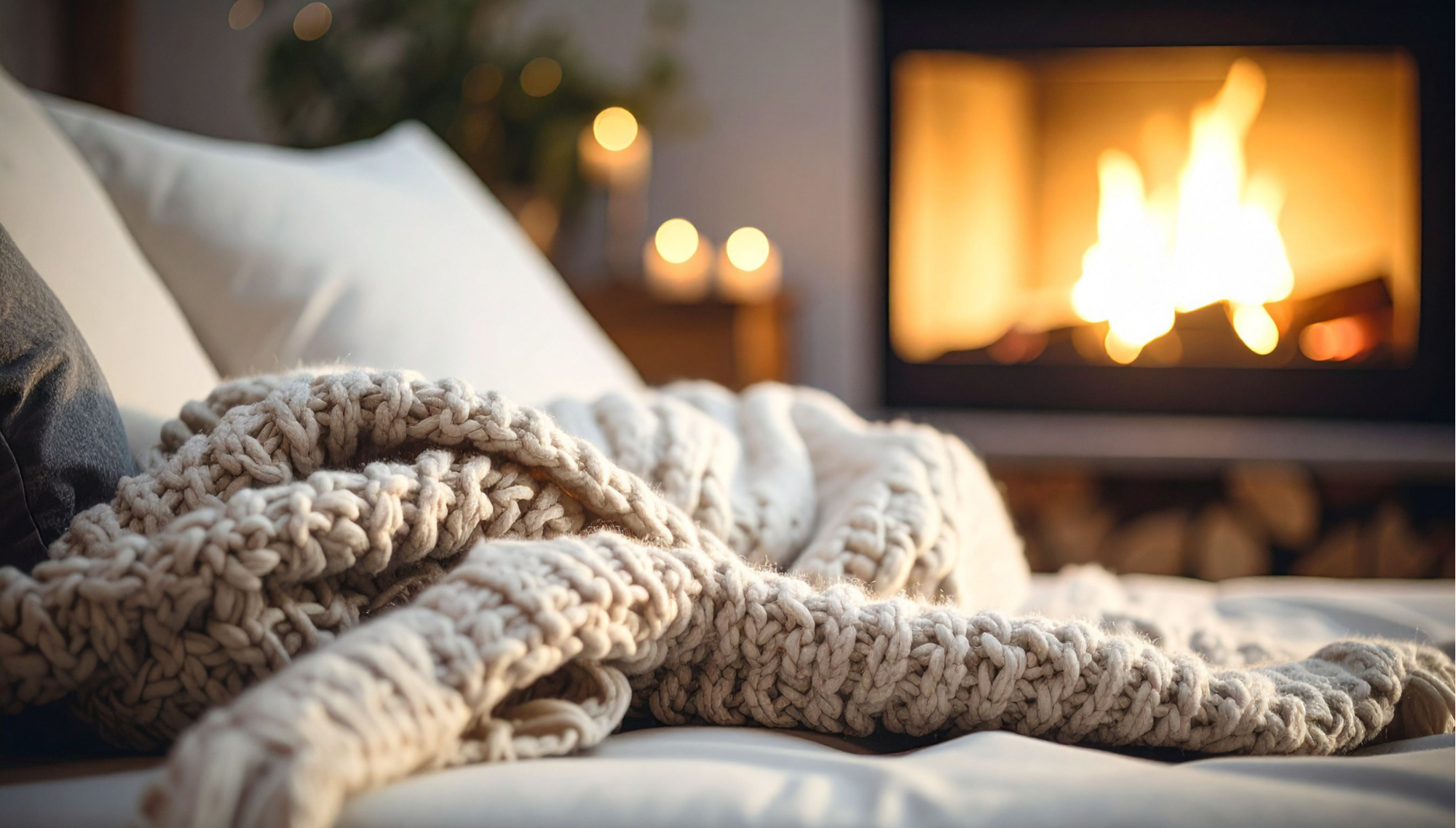 Cozy bedroom with textured throw and pillows near a softly lit fireplace and candles during a calm evening routine for restful sleep.