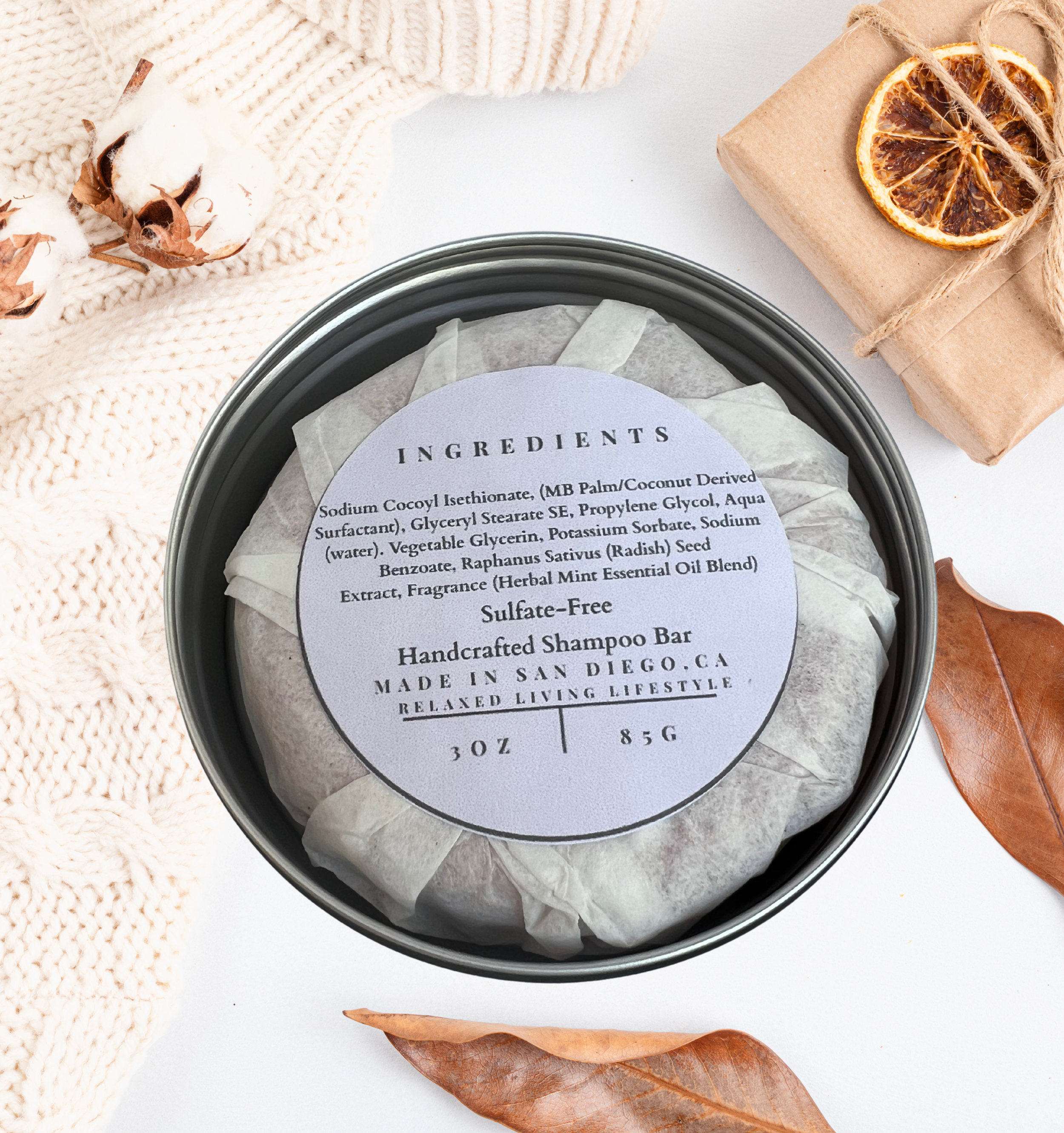 BotaniShine Sulfate Free Shampoo Bar in eco-friendly metal tin, handcrafted with herbal mint and citrus essential oils