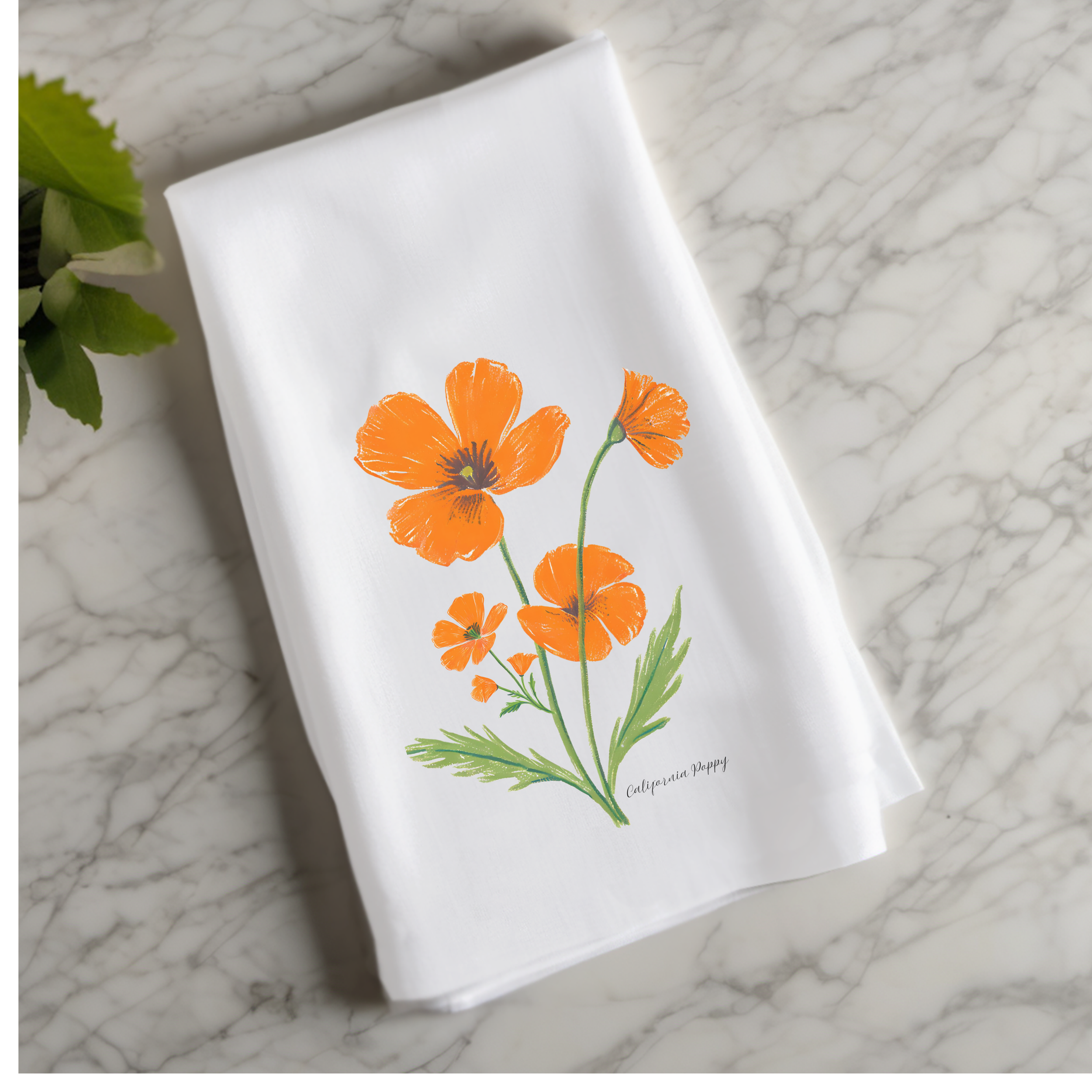 100% cotton tea towel with a watercolor California Poppy design and "California Poppy" text, a charming addition to any kitchen.