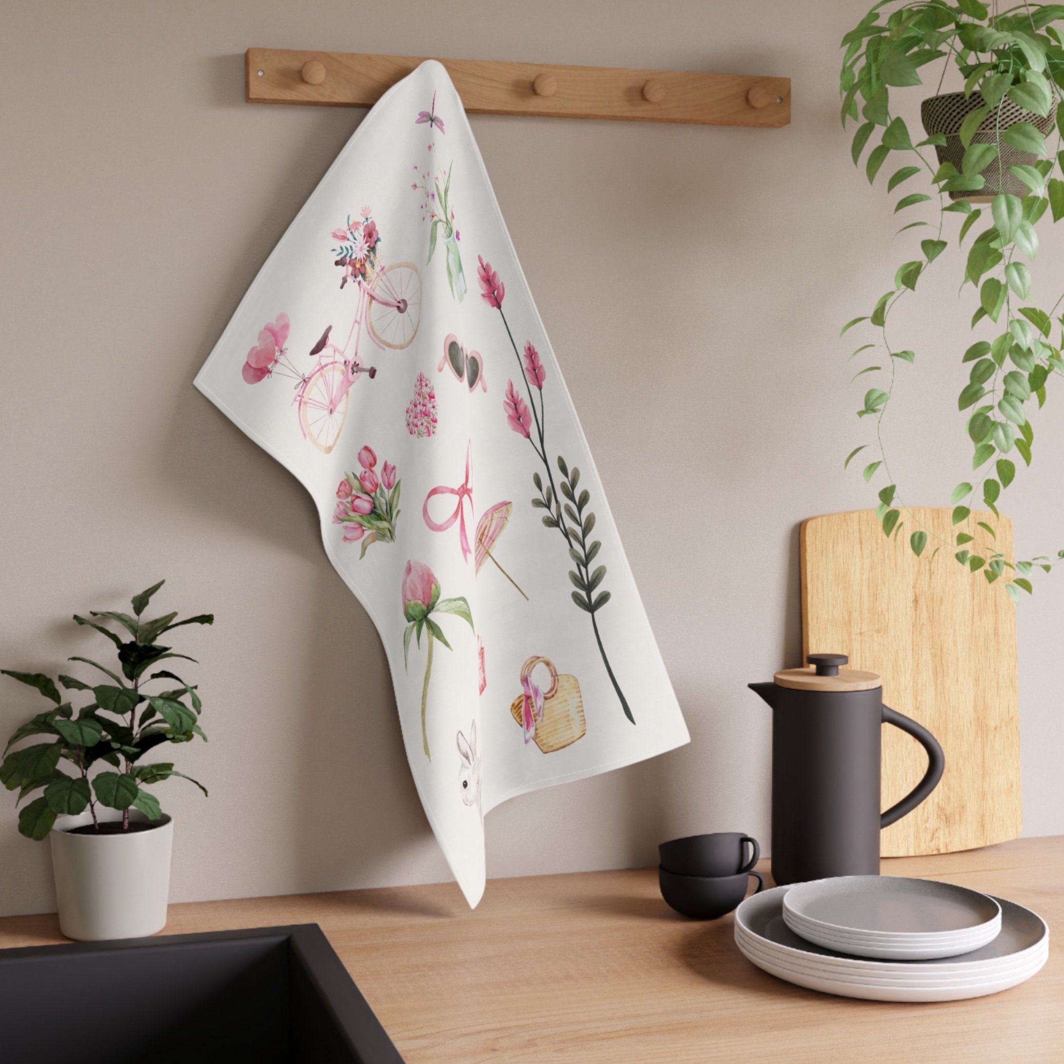 100% Cotton Spring Tea Towel, 27 x 27" featuring hearts, flowers, and a bicycle with blooms, ideal for a housewarming or Mother's Day gift