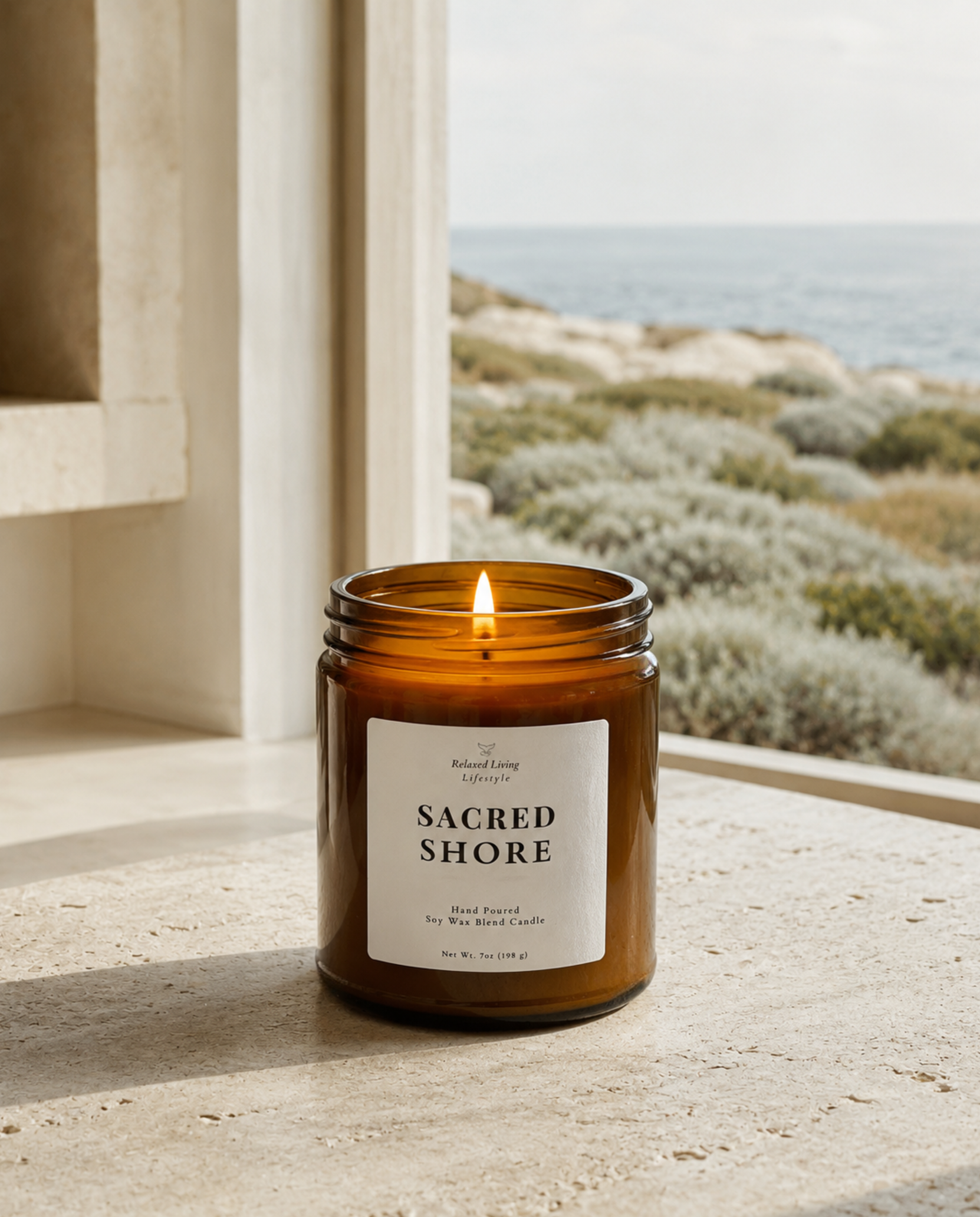 “Lit Sacred Shore amber glass candle on natural stone, with a softly blurred ocean view and subtle coastal greenery in the background.