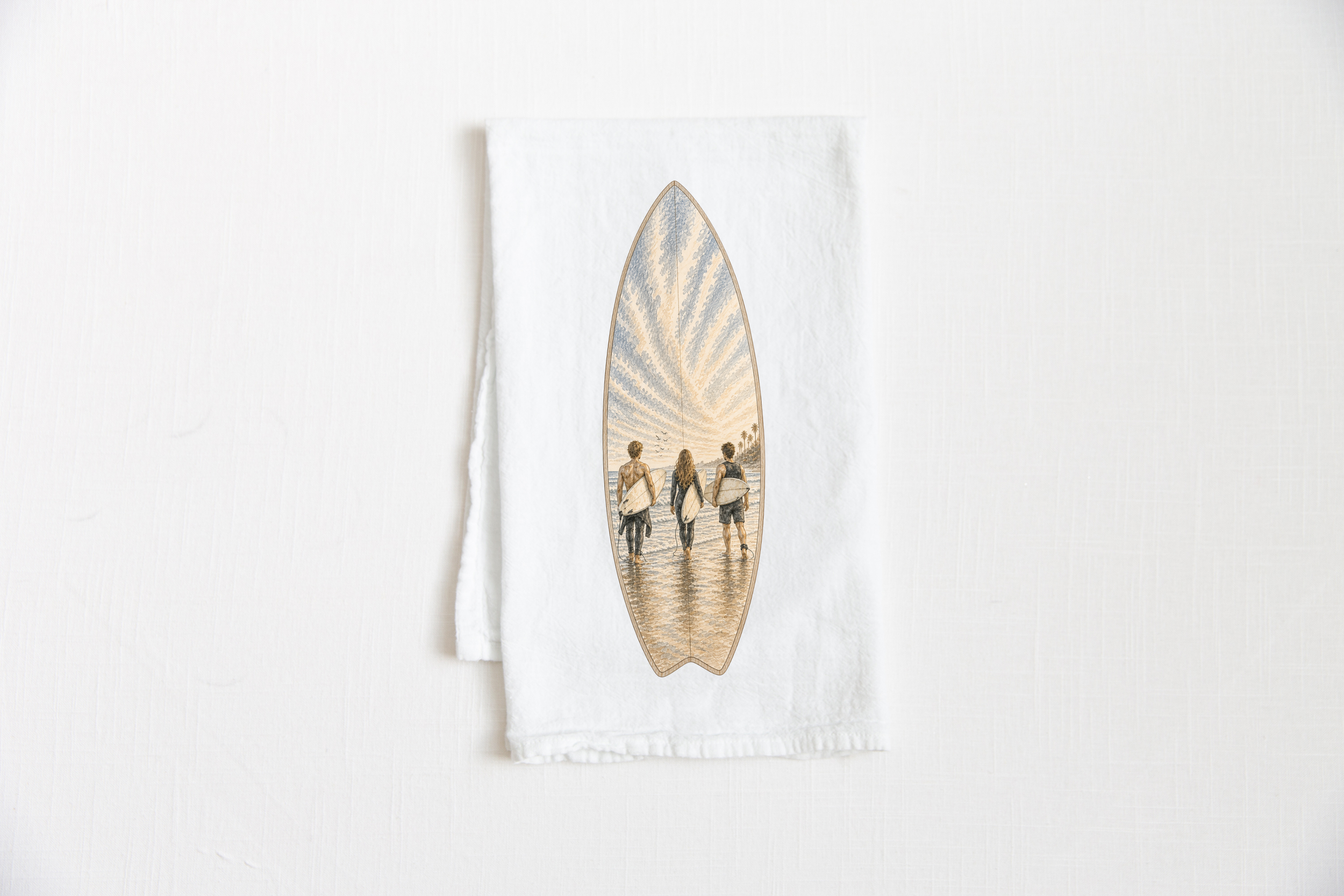 Hand-drawn Surfboard Surf tea towel featuring three surfers walking toward the ocean with surfboards, coastal kitchen decor and surfer gift and neutral background