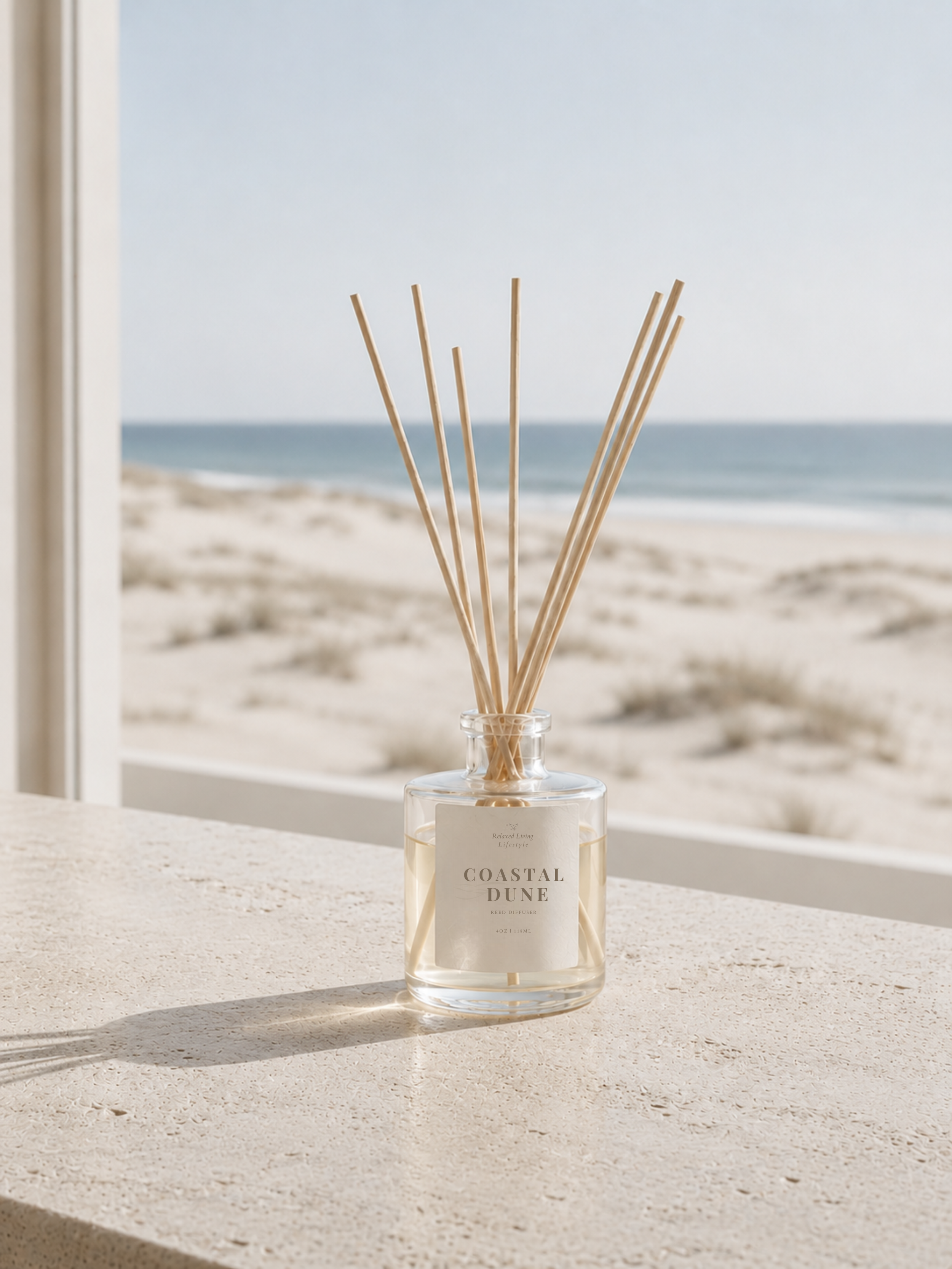 Coastal Dune reed diffuser with natural reeds on a light limestone surface beside a window overlooking pale coastal dunes and a soft blue-grey ocean.