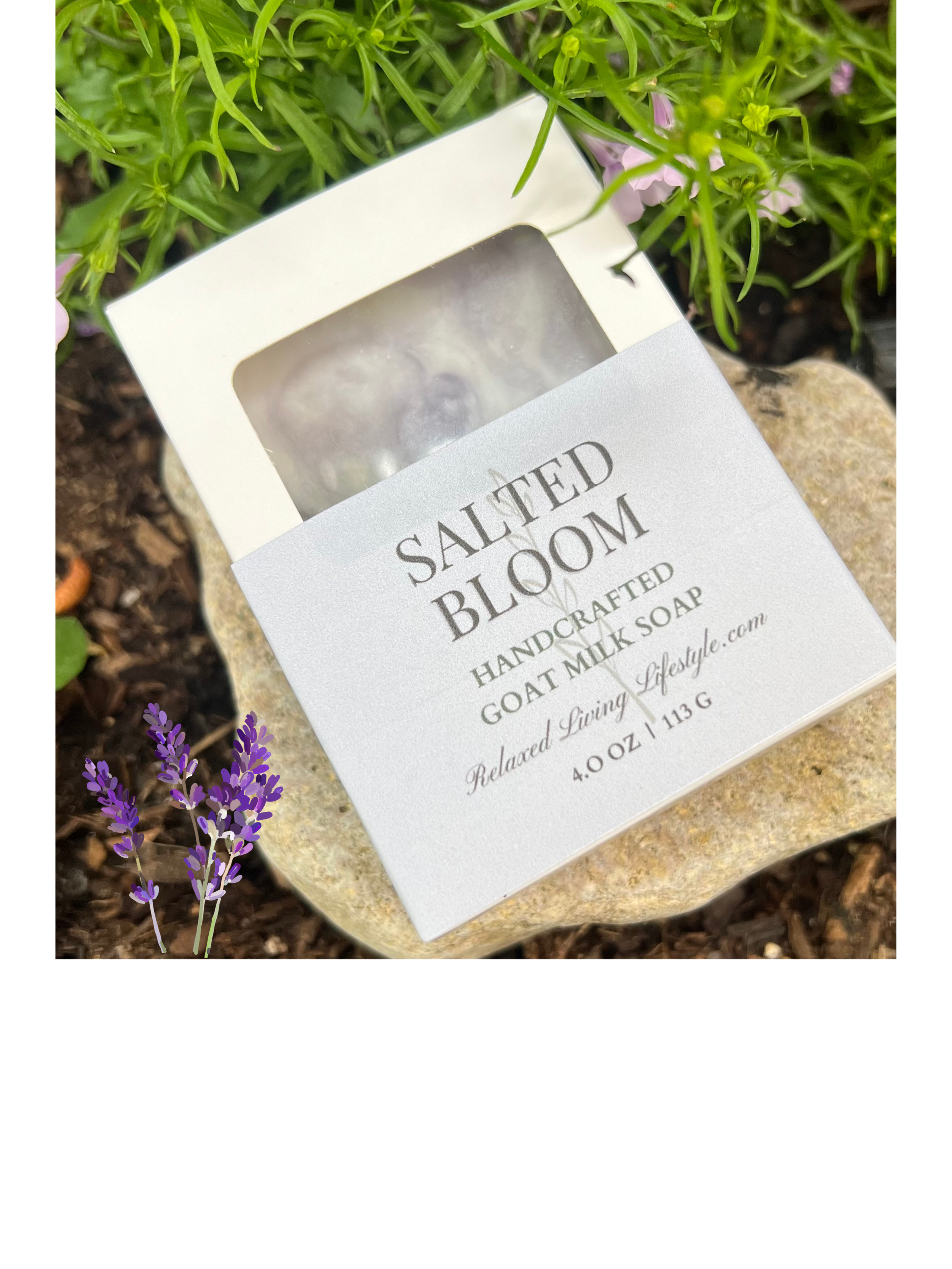 Salted Bloom goat milk soap bar with citrus, lavender, and cedar notes on a nature background