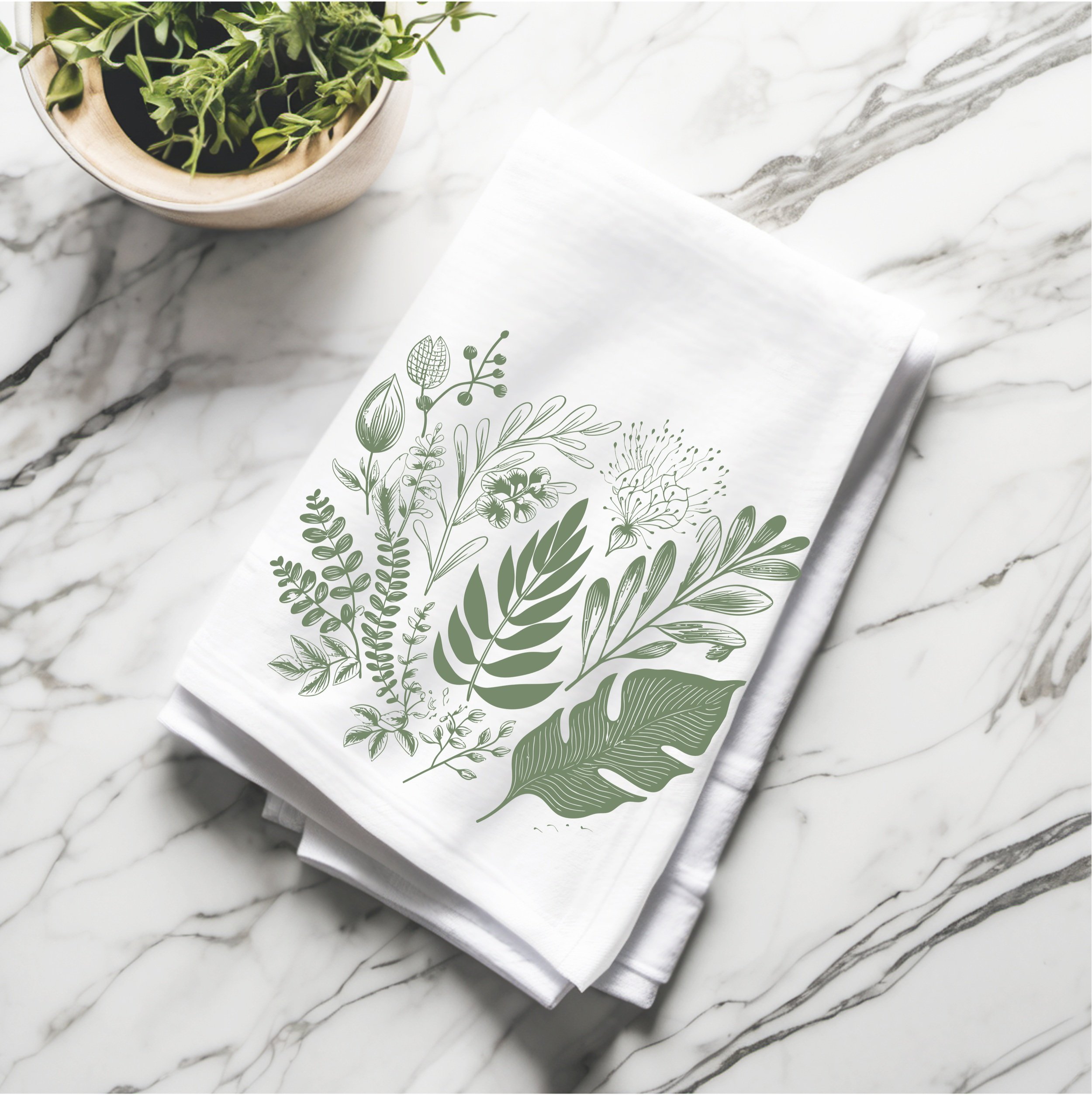 100% cotton botanical tea towel with hanging loop, styled for kitchen display