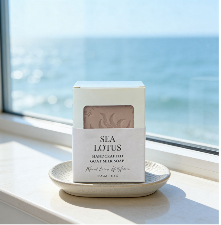 Sea Lotus goat milk soap bar on a textured soap dish, styled near a large window with a soft ocean view in the background.