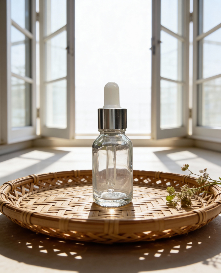 15 ml car fragrance refill bottle styled on a rattan tray near large windows with natural light