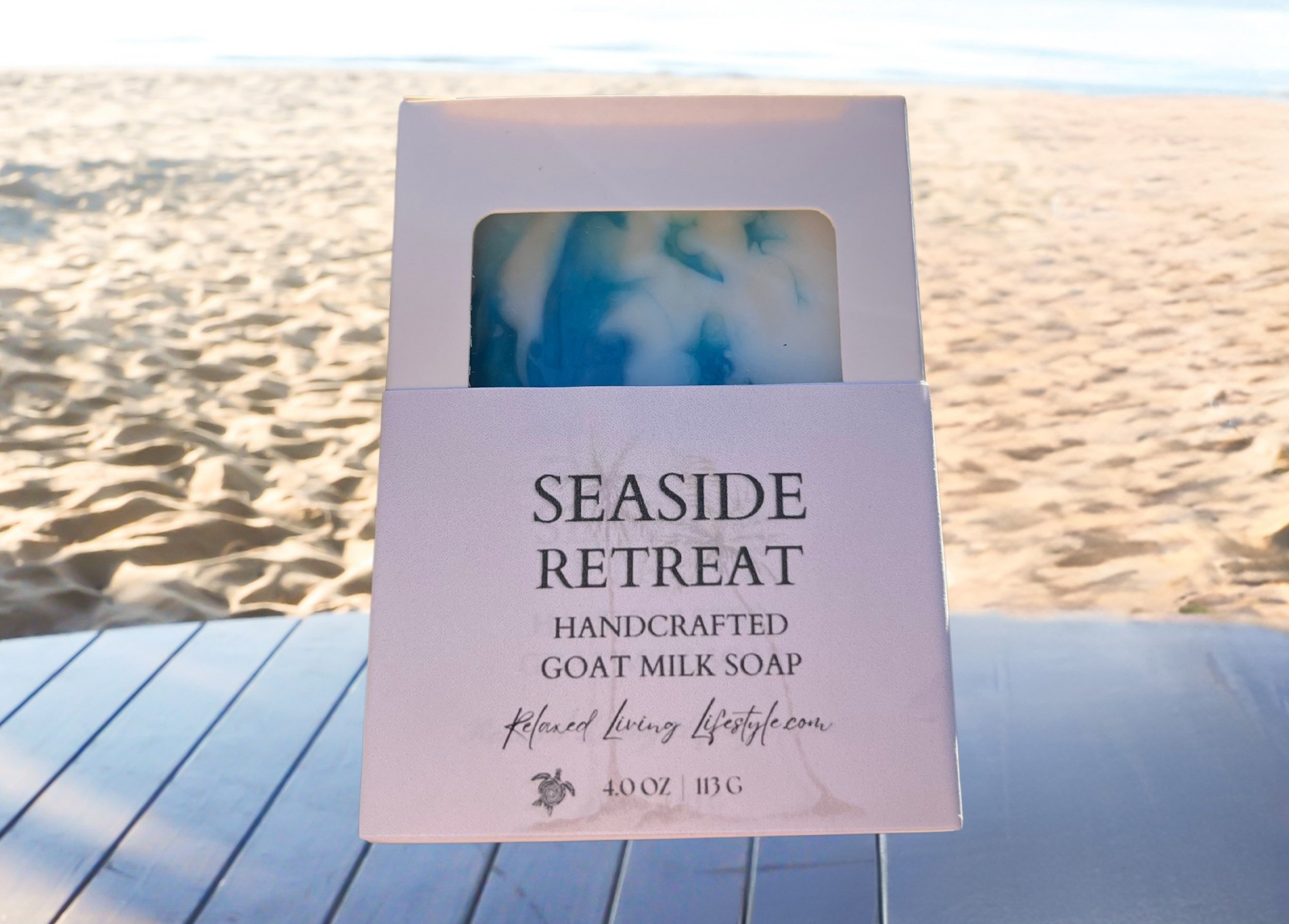 Seaside Retreat goat milk soap bar with notes of bergamot, sea salt, & peony. A freshing coastal scent with soft florals & clean, breezy finish,