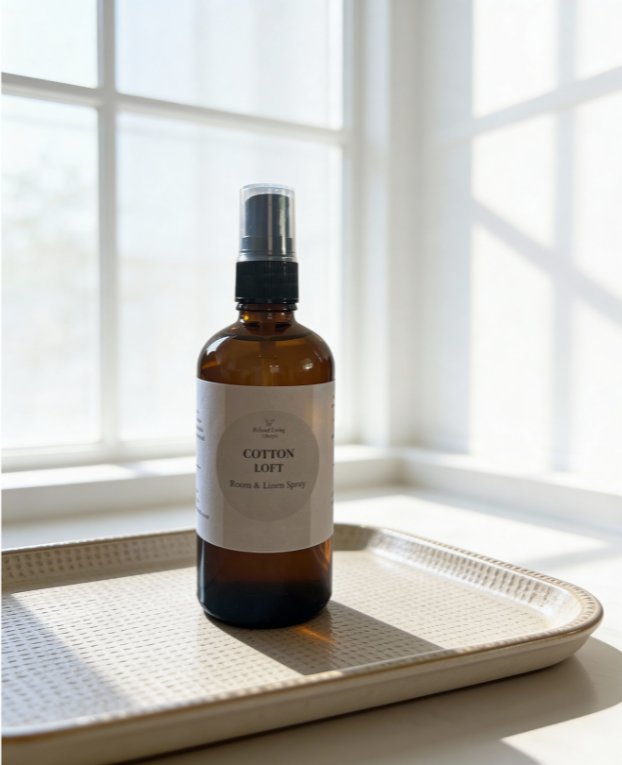 Cotton Loft room and linen spray displayed on a tray, featuring soft sage, cotton blossom, lavender, patchouli, amber, cedar, and palo santo for a calm, airy home fragrance