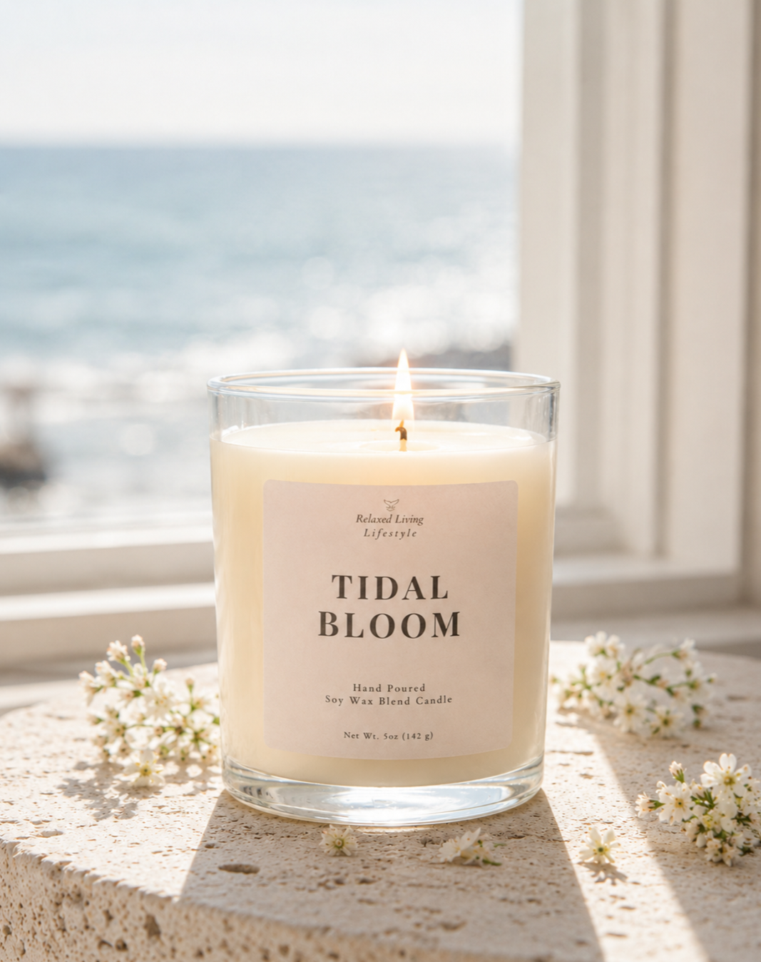 Tidal Bloom soy candle lit on a textured stone surface with a soft floral accent beside it, set against a blurred ocean view, creating a fresh coastal atmosphere with a clean, elevated aesthetic