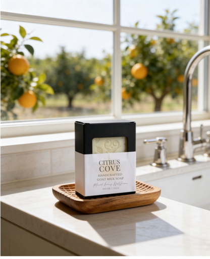 Citrus Cove goat milk soap bar on a wooden soap dish beside a kitchen sink, styled with natural light from a large window and a subtle view of citrus groves outside.