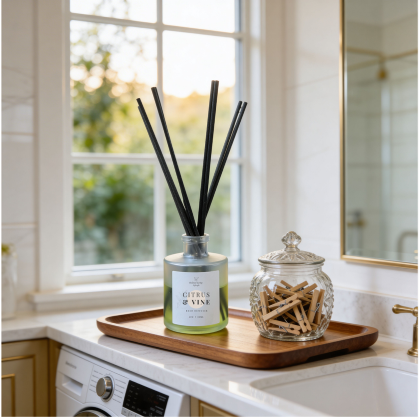 Citrus & Vine reed diffuser with notes of bergamot, neroli, and jasmine.  A bright, floral citrus scent with a soft sandalwood base