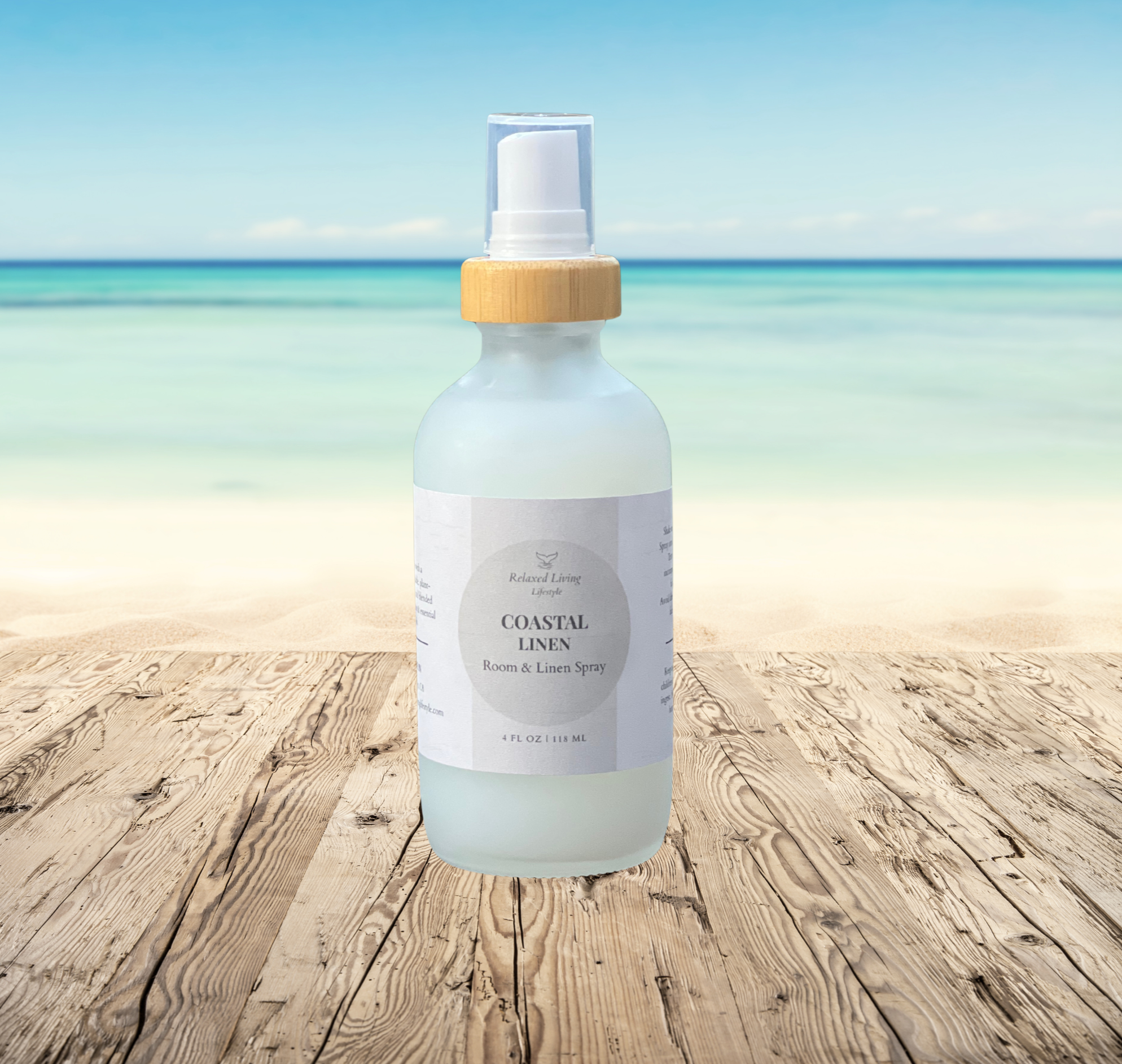 Coastal Linen Room & Linen spray with ocean background-fresh, sunwashed home fragrance in 4 oz glass frosted bottle