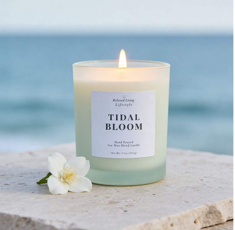 Tidal Bloom soy candle lit on a textured stone surface with a soft floral accent beside it, set against a blurred ocean view, creating a fresh coastal atmosphere with a clean, elevated aesthetic