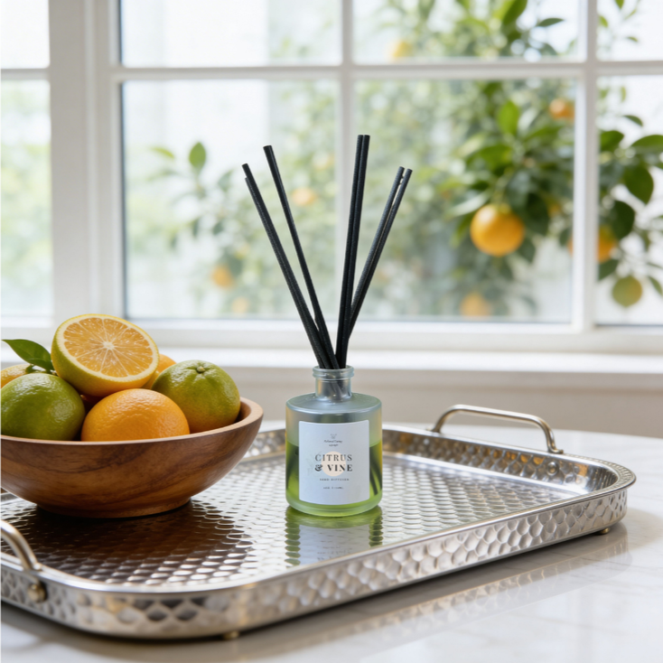 Citrus & Vine reed diffuser with notes of bergamot, neroli, and jasmine.  A bright, floral citrus scent with a soft sandalwood base