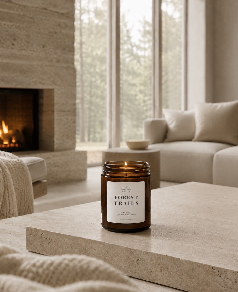 Lit Forest Trails soy wax blend candle in an amber glass vessel on a coffee table in a bright living room with a stone fireplace and softly blurred woodland view.