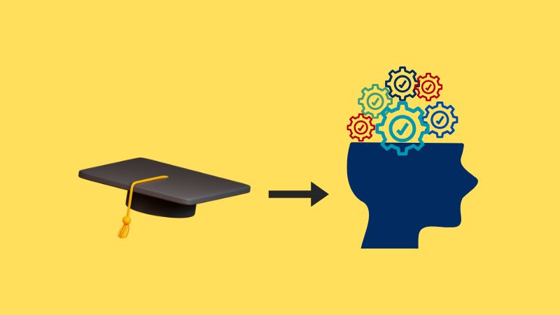 A graduation cap with an arrow pointing toward a human head silhouette filled with colorful gears and checkmarks, symbolizing learning, knowledge, and skill development.