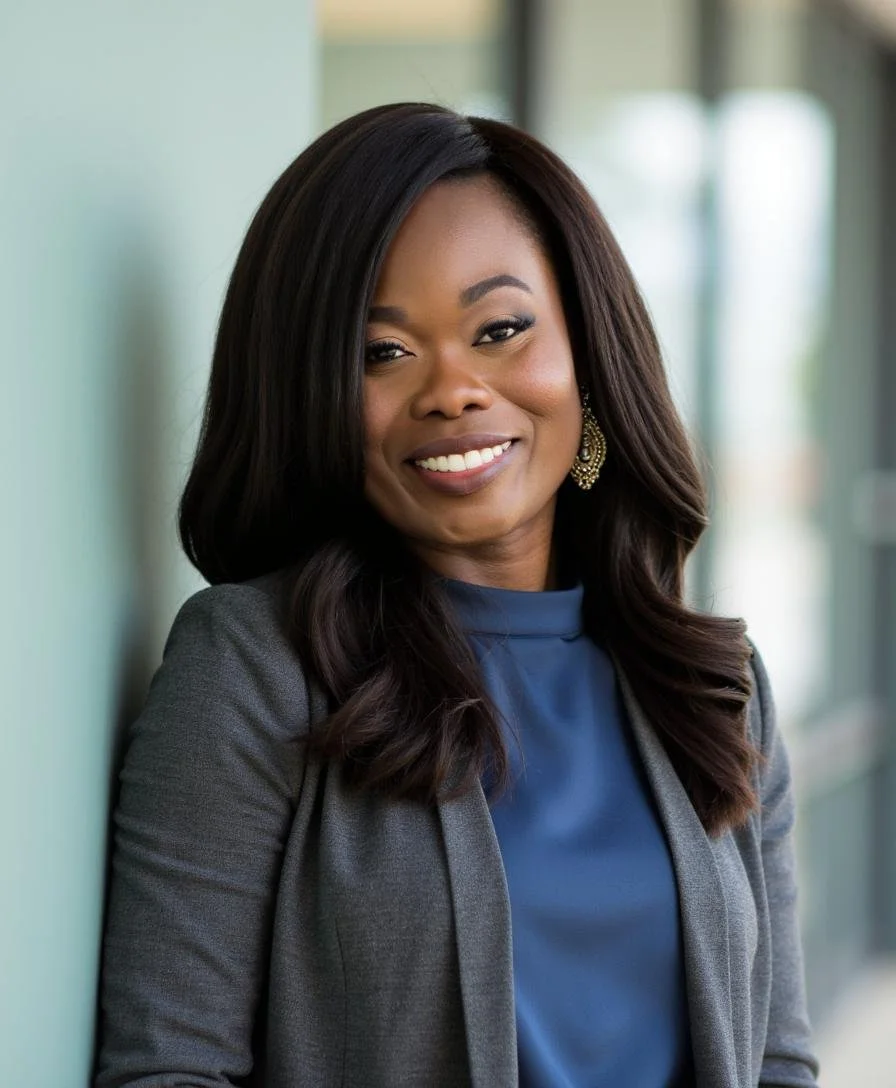 Portrait of a smiling African American woman (with in-depth HR and DEIB experience) with shoulder-length dark hair, wearing a gray blazer and blue blouse, standing in front of a glass window.