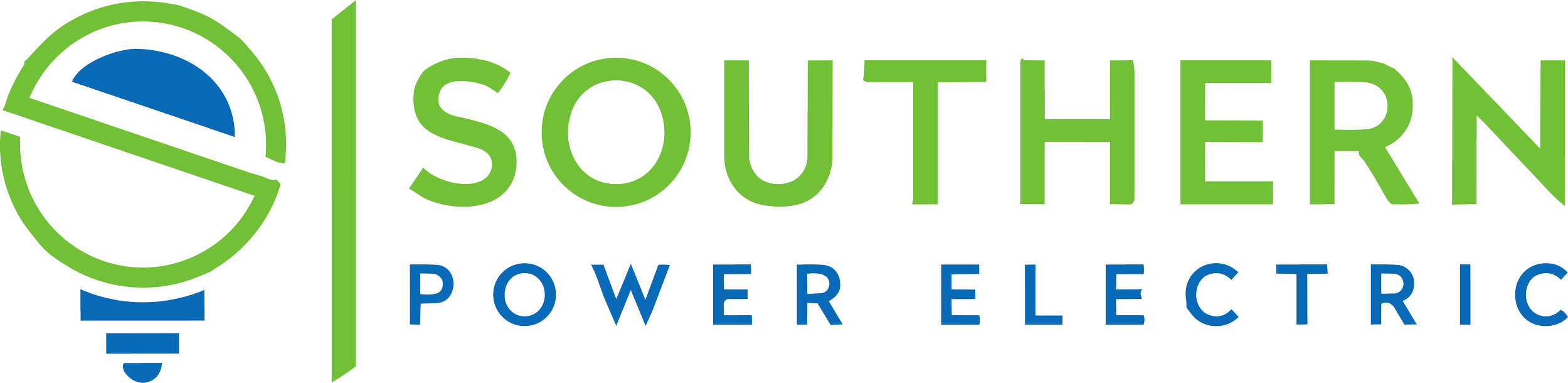 Logo for Southern Power Electric featuring a green and blue light bulb outline with the words "Southern Power Electric" in green and blue.