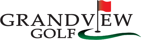 Logo for Grandview Golf featuring the name with a red flag and a green curved line.