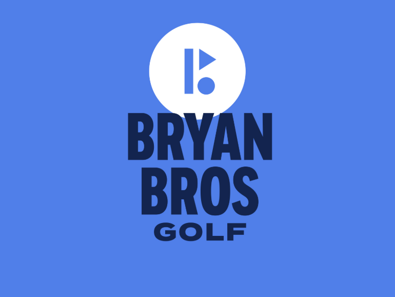 Bryan Bros Golf logo on a blue background with a white circle containing a stylized golf club and flag icon.