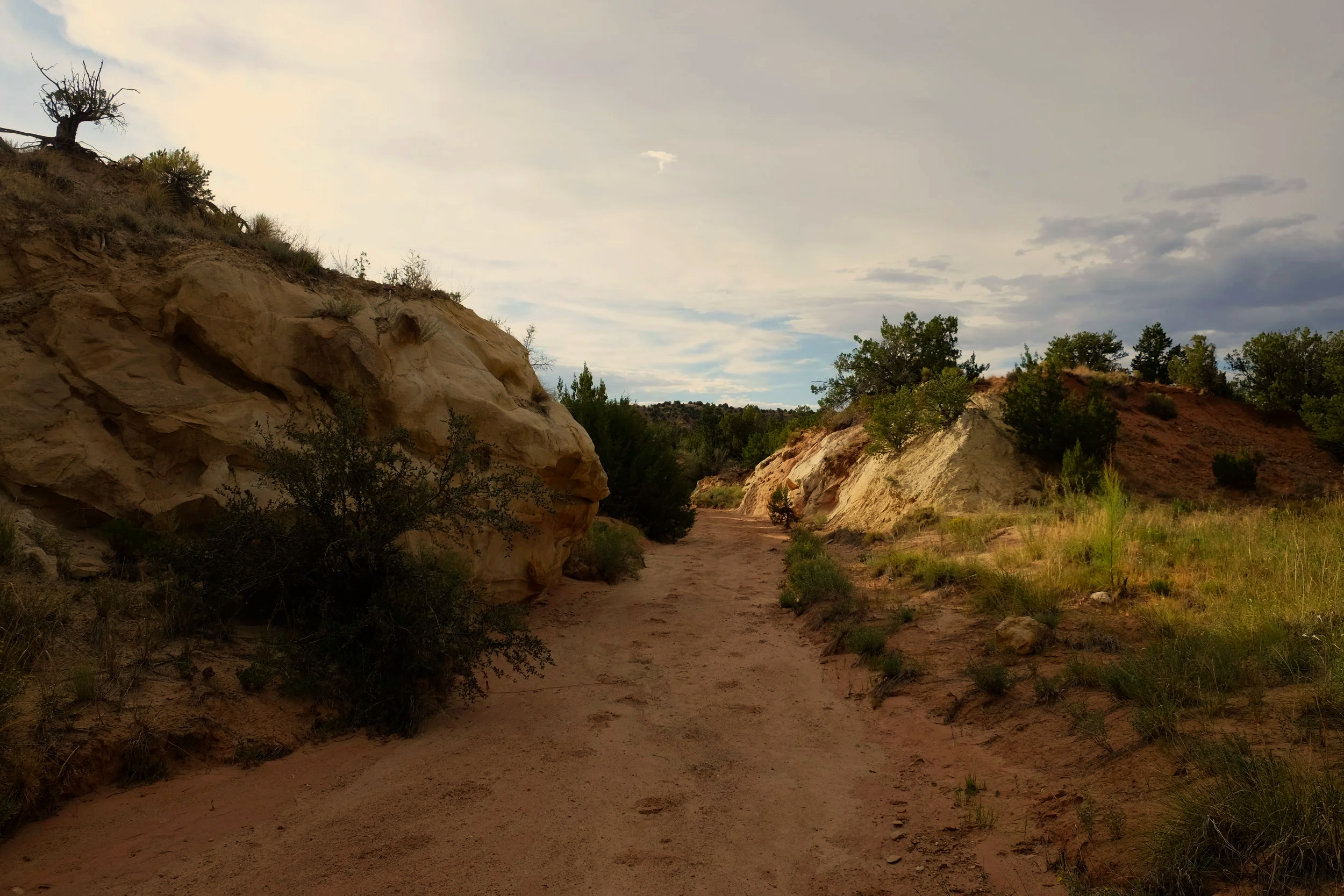 A dirt trail winding through a dry, rocky landscape with sparse vegetation and trees, under a partly cloudy sky.