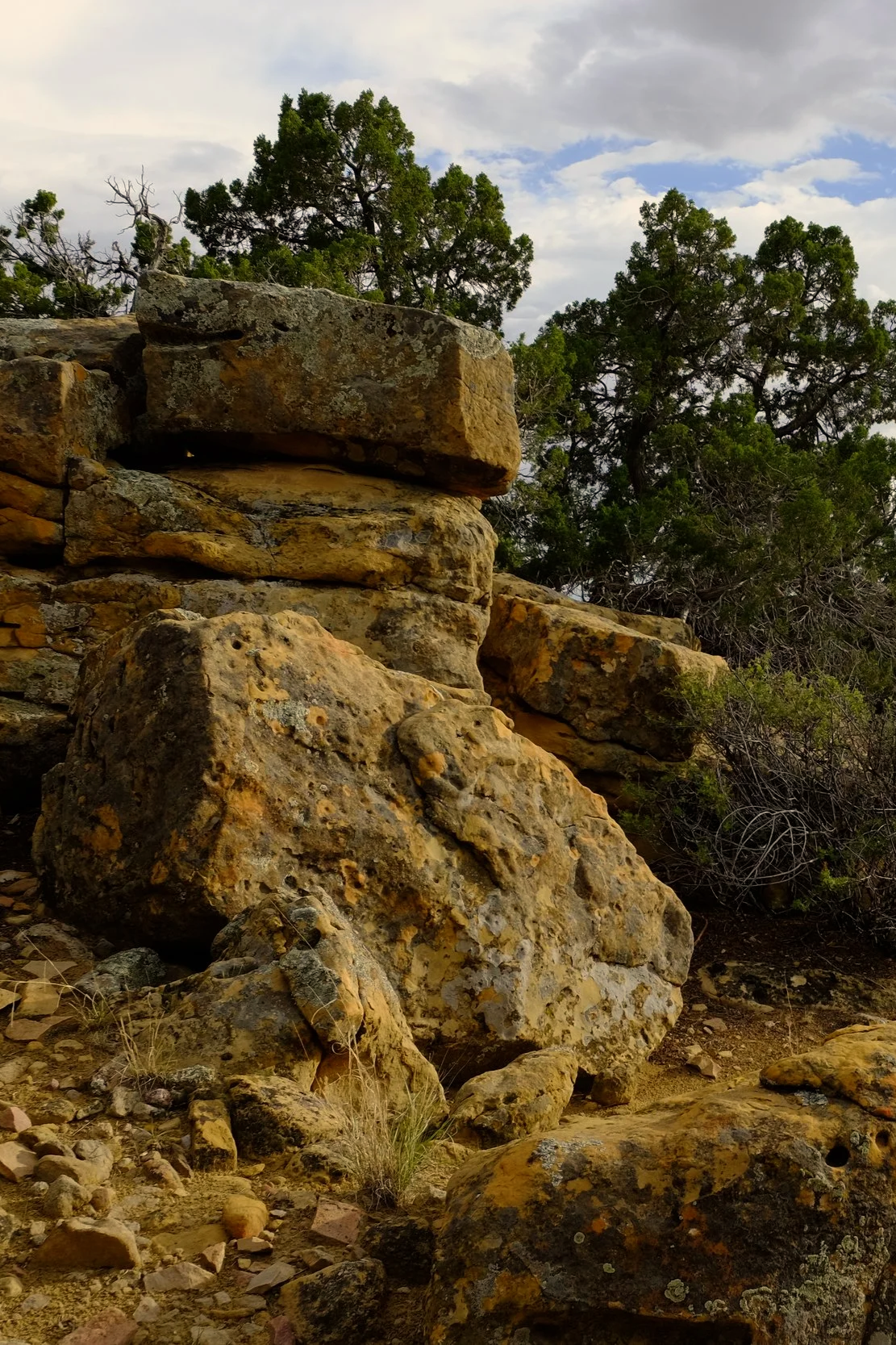Large weathered rocks and boulders in a desert landscape, with green trees in the background and a partly cloudy sky above.