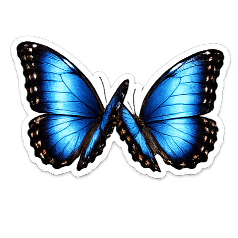 Blue butterfly sticker with black and white accents.