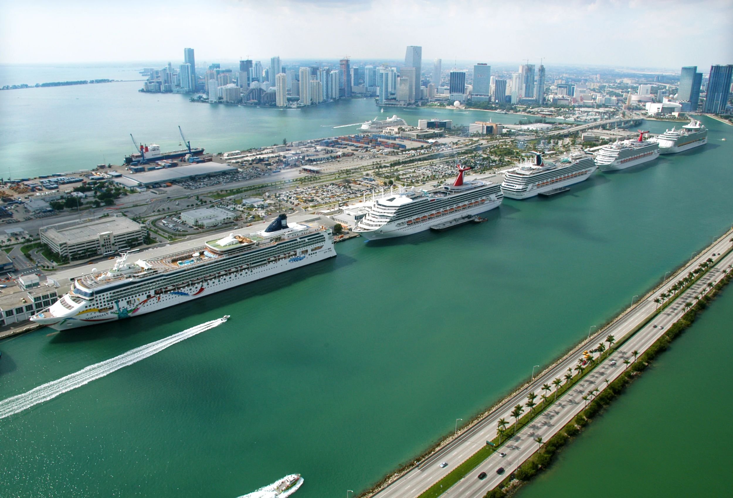 PortMiami seven cruise ships docked.jpg