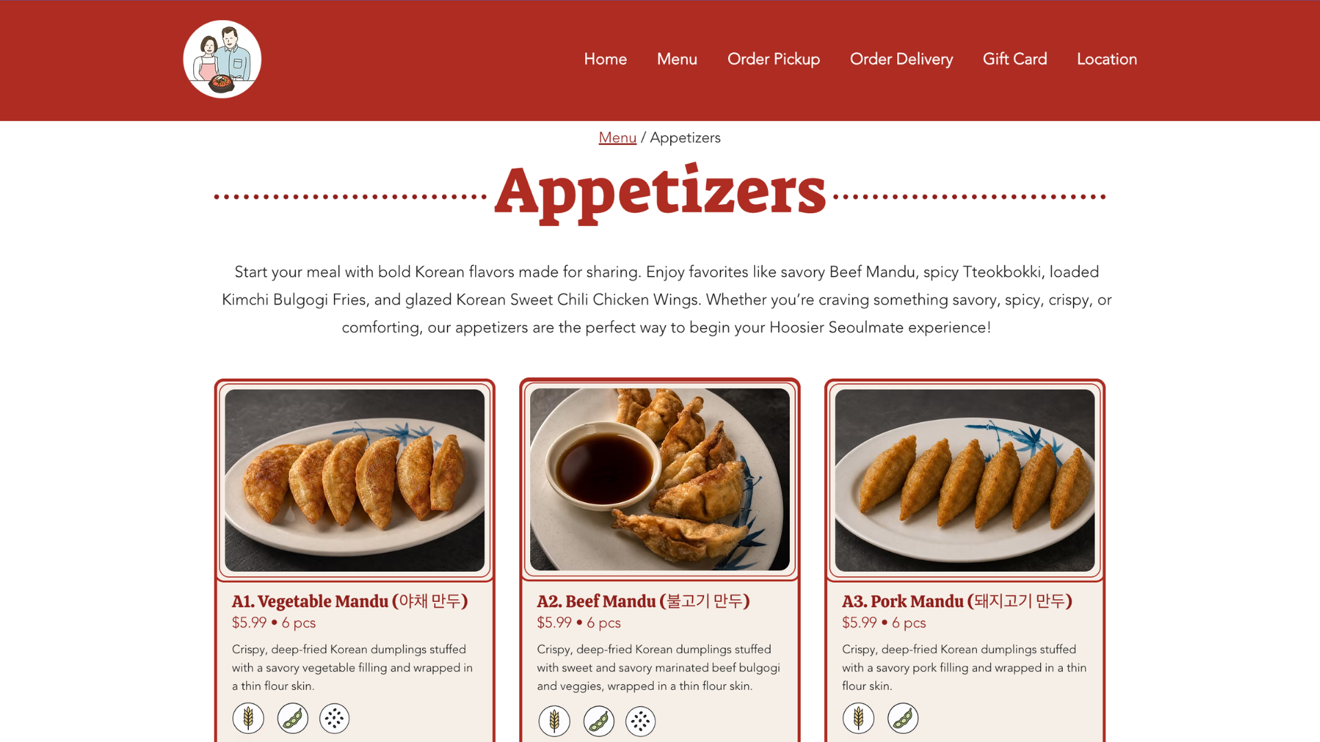 Picture of Hoosier Seoulmate's website "Appetizers" section