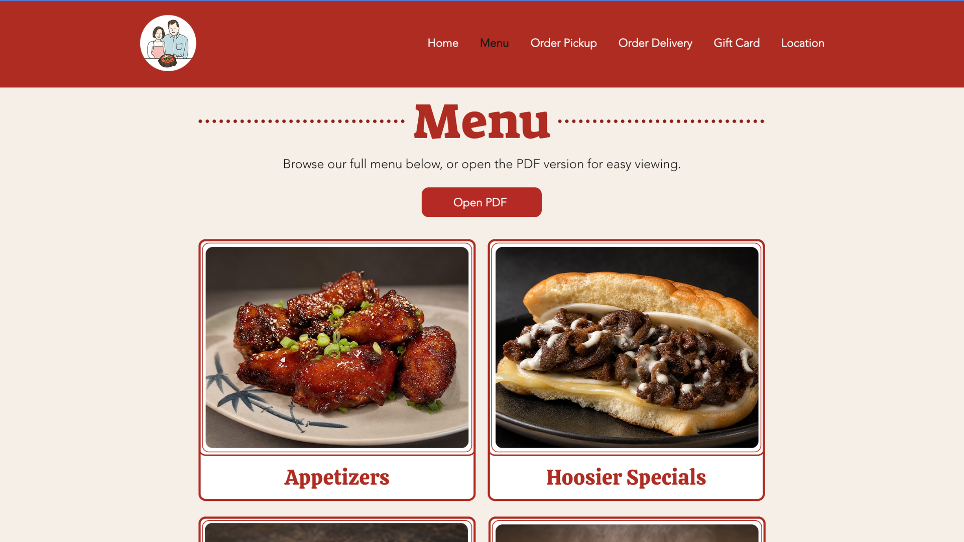 Picture of Hoosier Seoulmate's website "Menu" section