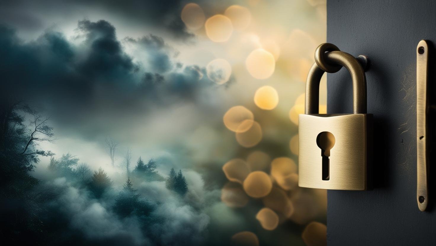 lock with key inside in a dark background, imagery around is dream-like forest with clouds and fog, but the energy and area around the lock is hopefull. lock is to the right side of the image.jpg