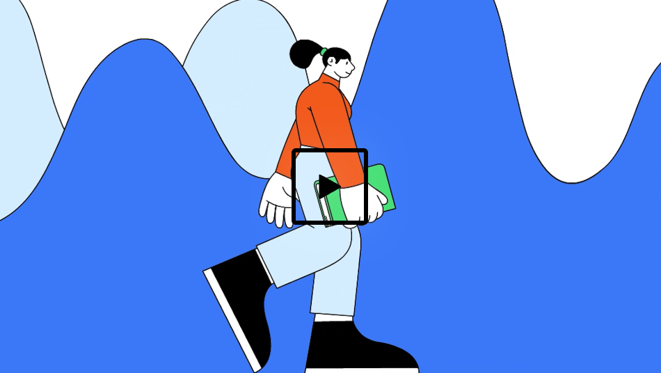 Illustration of a person walking with a skateboard, holding a book, against a background of blue mountain shapes.