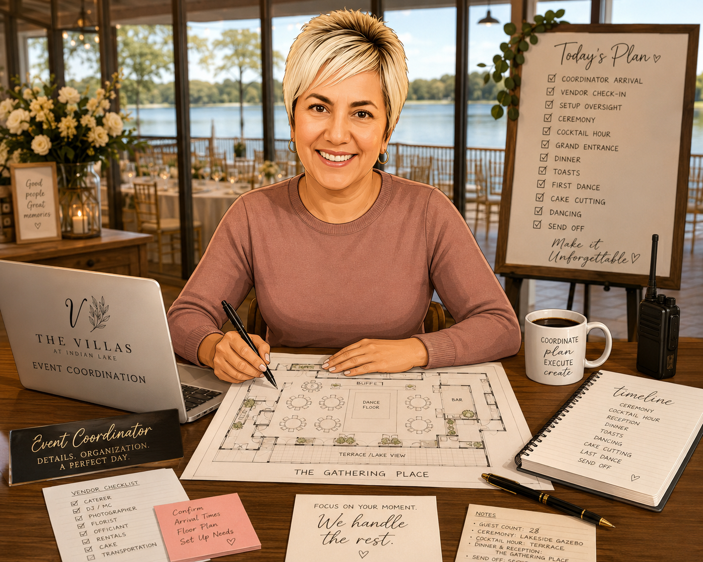 A woman with short blonde hair smiling at a desk with event planning documents, a laptop, a coffee mug, a walkie-talkie, and a notebook, in a decorated room overlooking a lake with trees and outdoor tables.