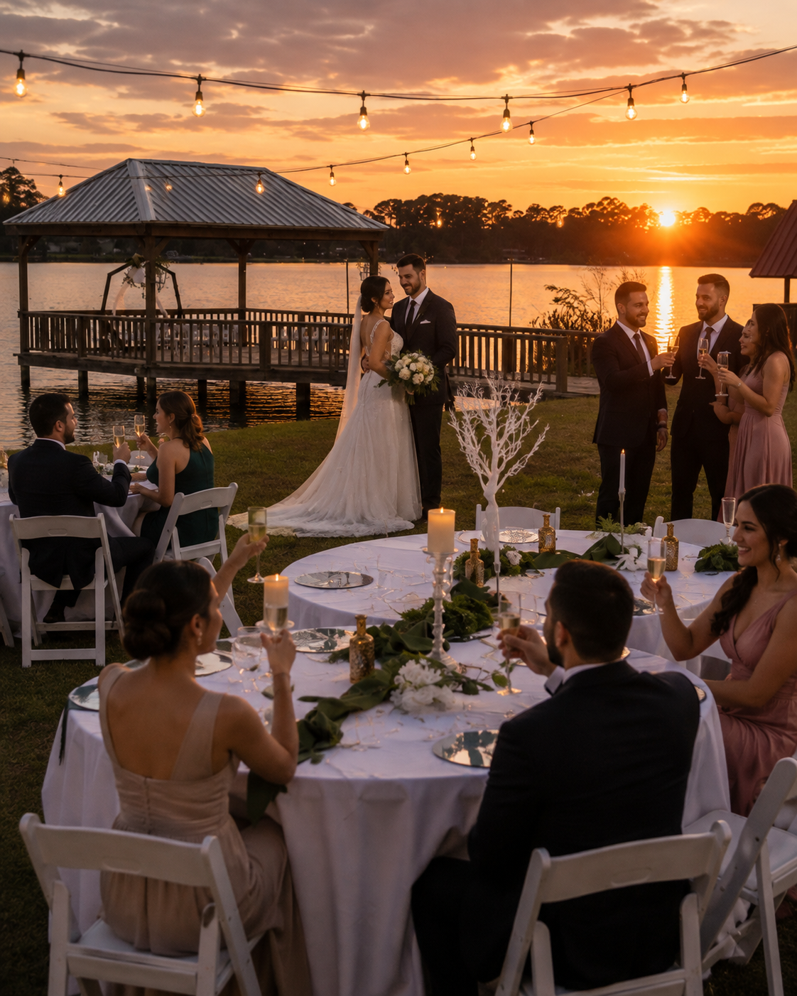 A wedding celebration outdoors at sunset by a lake, with guests holding champagne glasses and the bride and groom embracing near a decorated table.