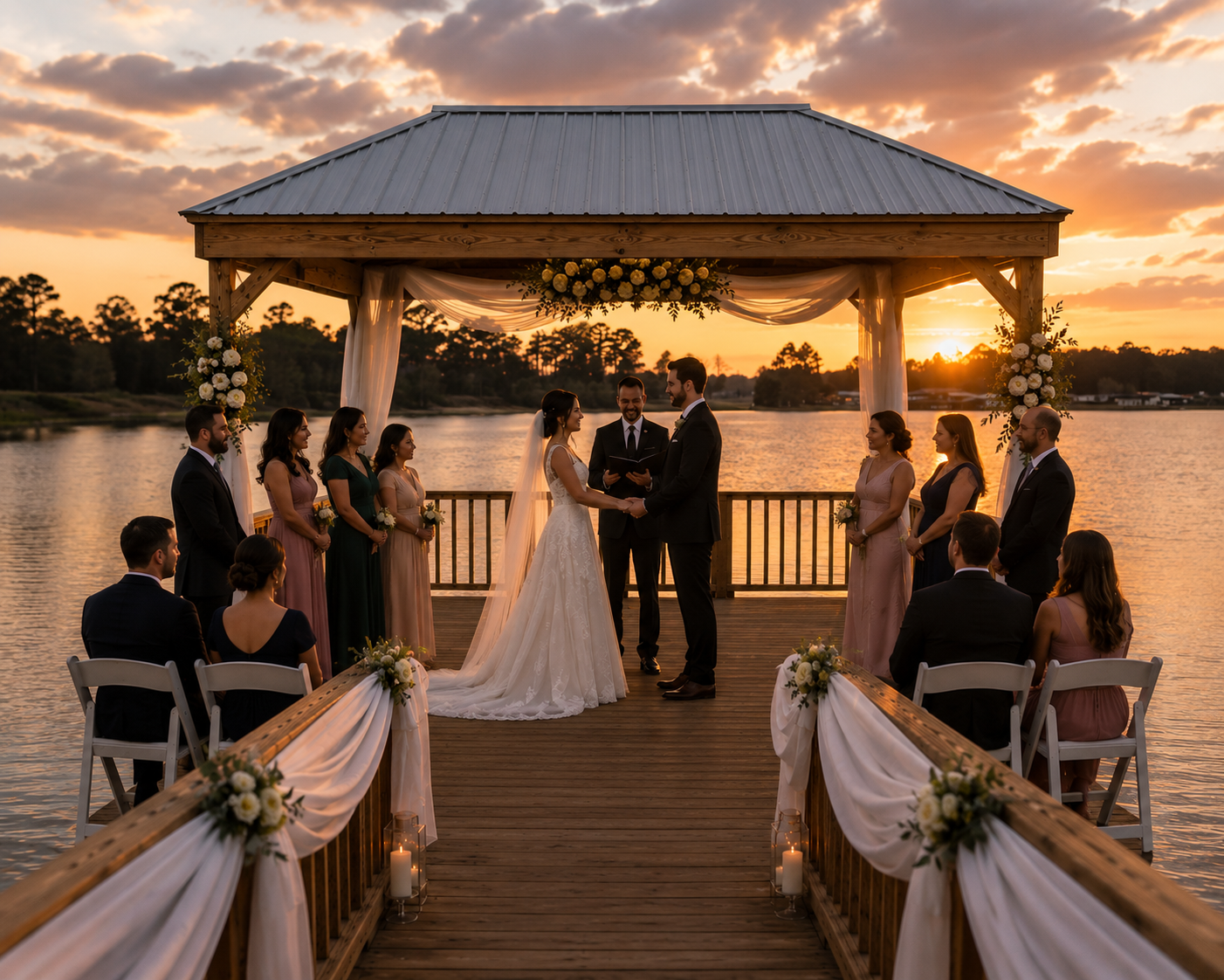 A wedding ceremony taking place outdoors on a wooden dock by the water at sunset. The bride and groom are holding hands under a decorated gazebo, surrounded by bridesmaids and groomsmen. The scene is illuminated by the setting sun and candles on the 