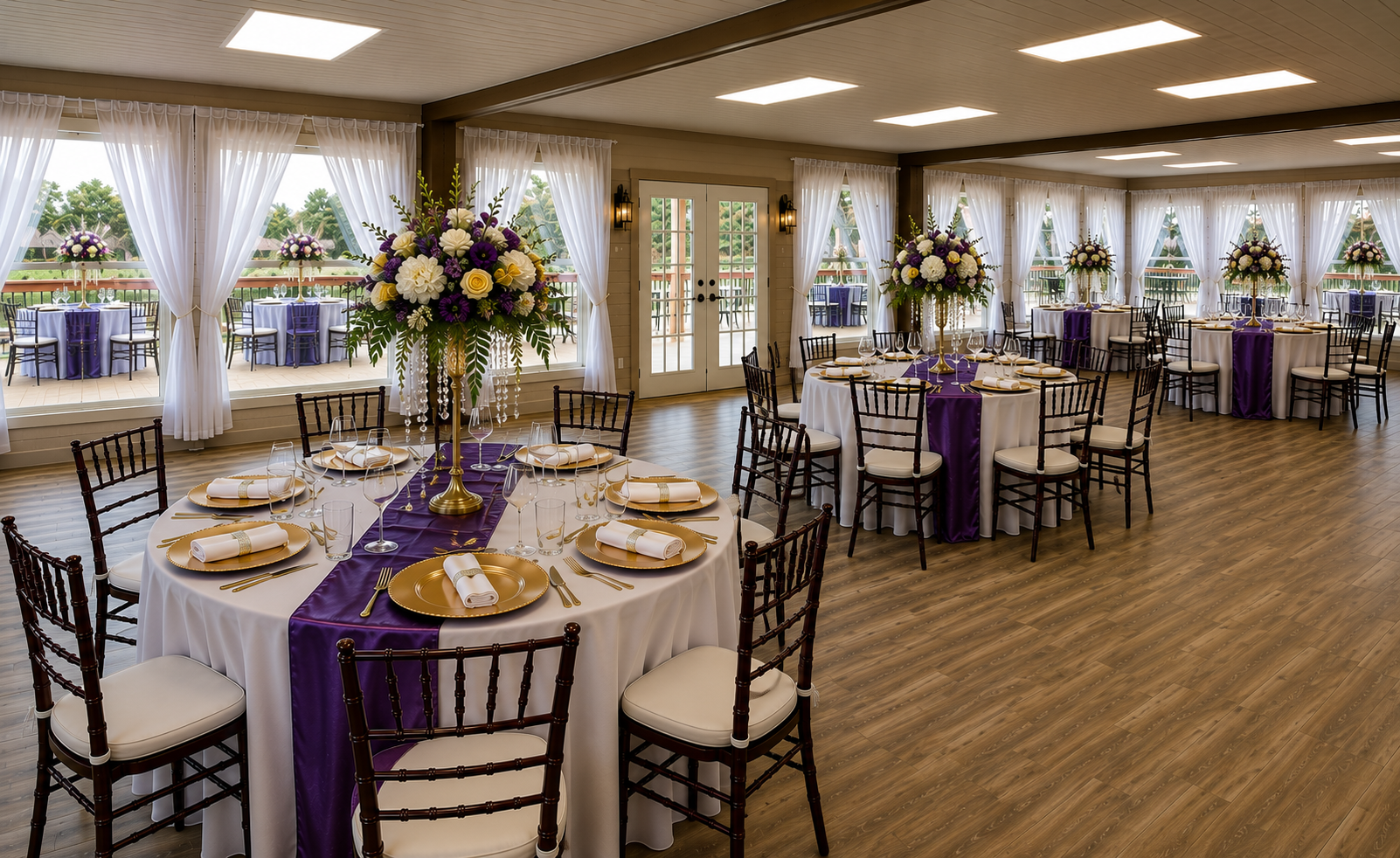 Elegant event space decorated with round tables with white tablecloths, purple runners, and gold chargers, each set with white napkins, gold utensils, and glassware. Tall floral centerpieces with purple, white, and yellow flowers are on each table. T