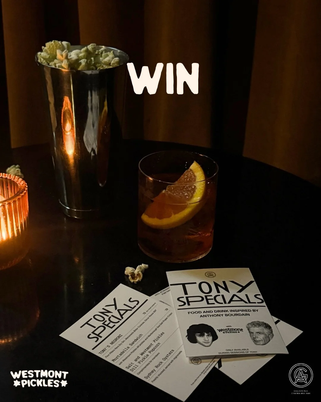 🍿🥒 WESTMONT x GOLDEN AGE GIVEAWAY 🥒🍿

The new Anthony Bourdain biopic from A24 is screening at @ourgoldenage this month, alongside a special menu featuring the Tony Negroni and Westmont Pickle Popcorn.

To celebrate, we are giving away a double p