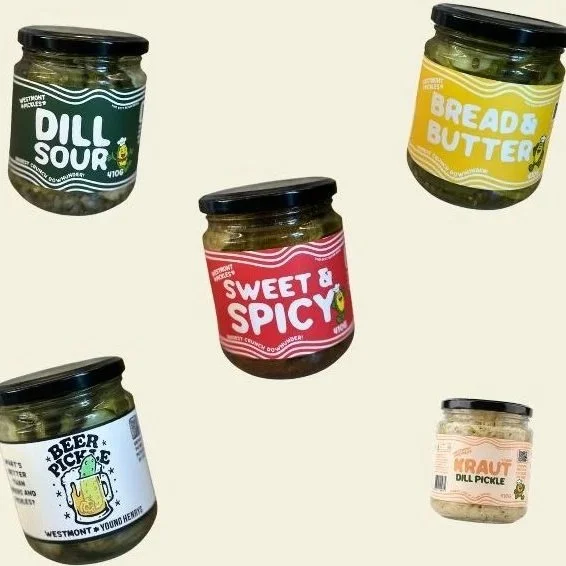 Build your own Westmont pickle box with Dill Sour, Sweet & Spicy, Bread & Butter, Beer Pickle and Kraut.