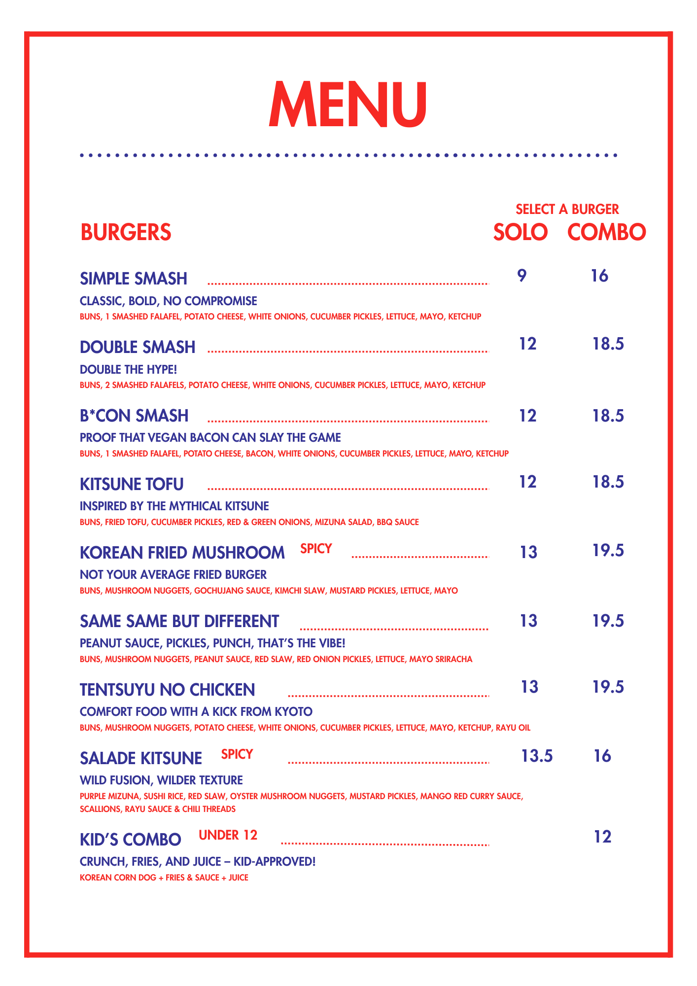 Vegan burger menu with multiple plant-based burgers, combos, prices, and descriptions in English.