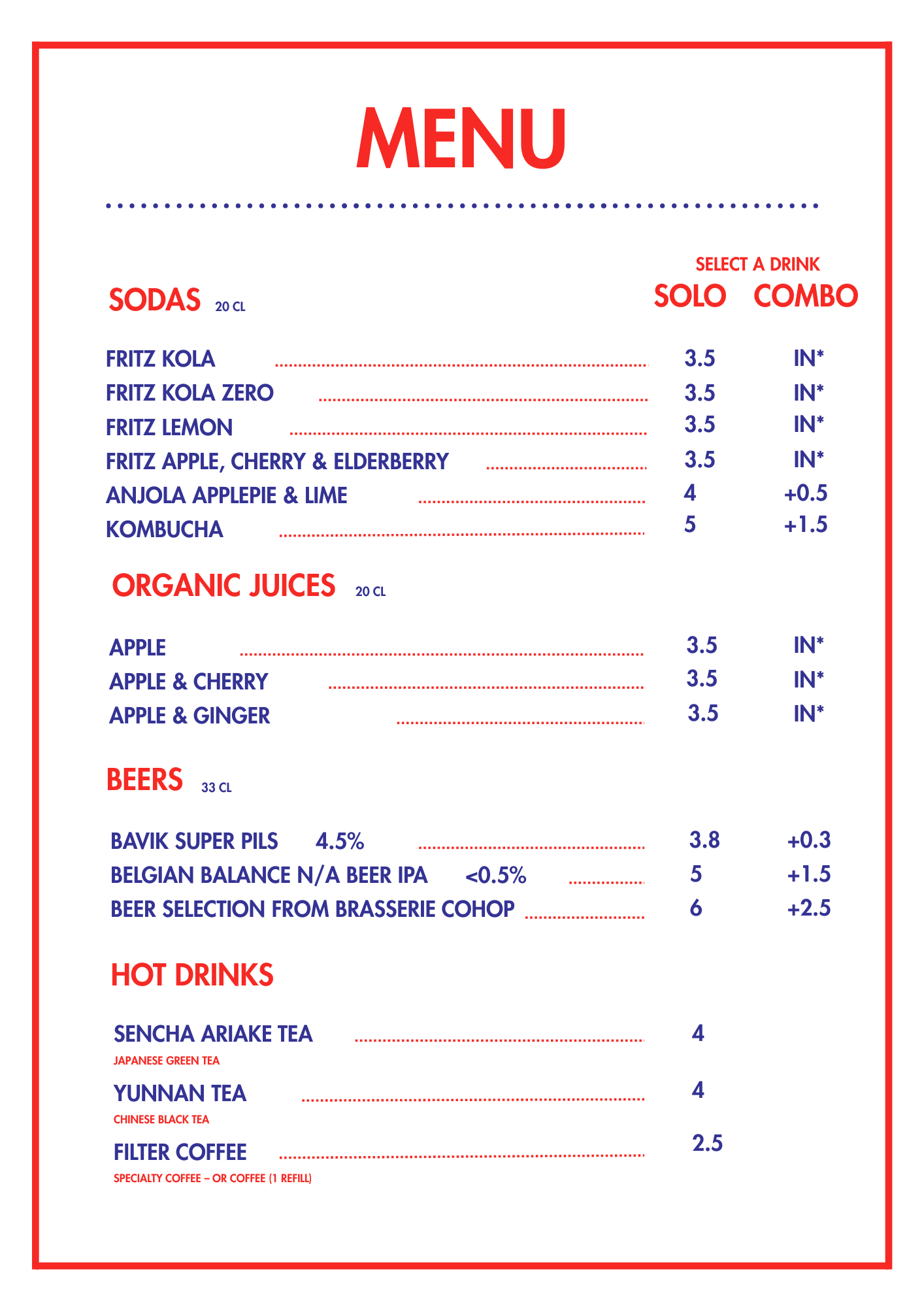 Vegan restaurant drinks menu with sections for sodas, organic juices, beers, and hot beverages, listing various drinks with prices.