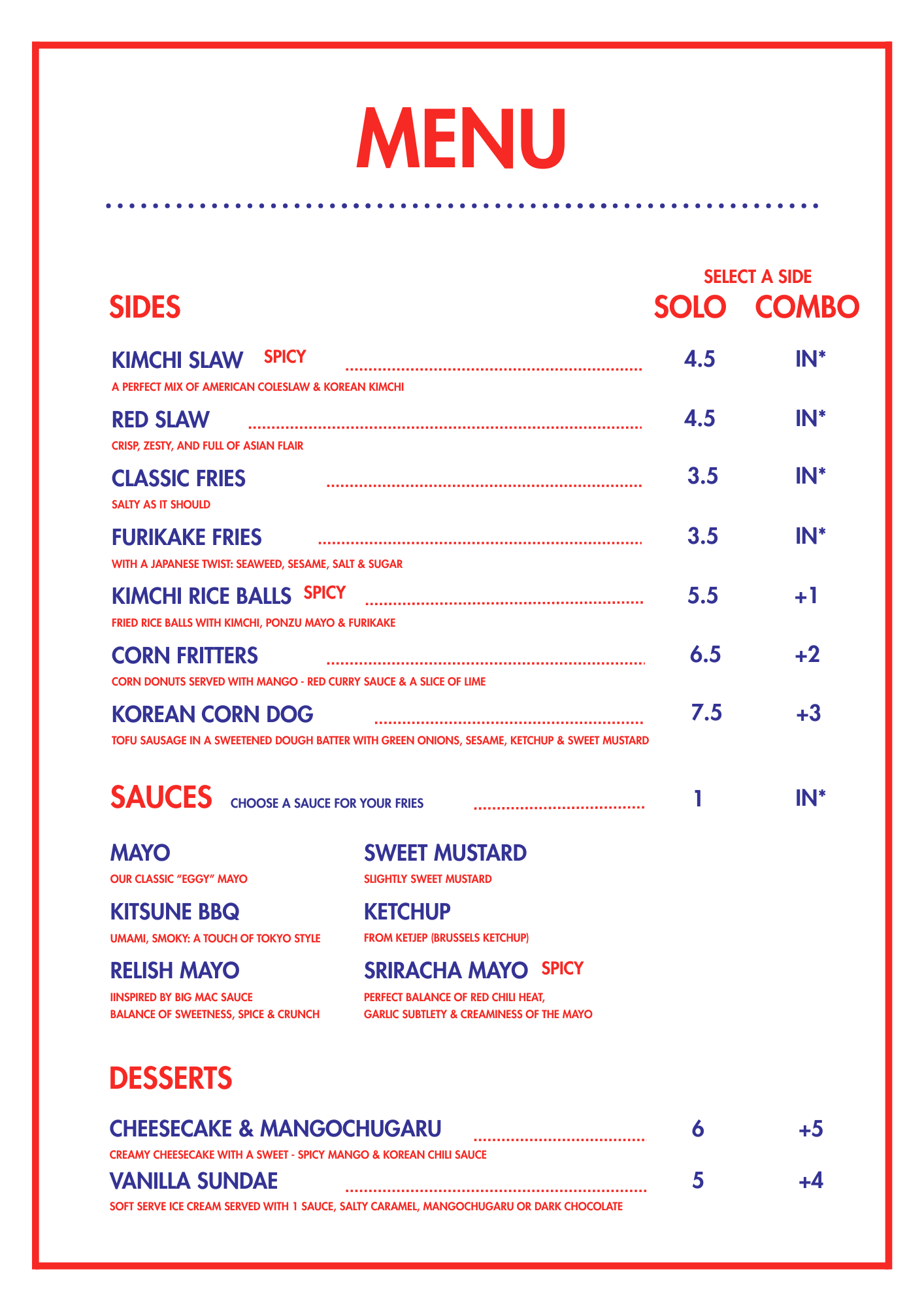 Vegan restaurant menu featuring a variety of plant-based dishes, with sections for sides, sauces, and desserts, and prices listed in euros.