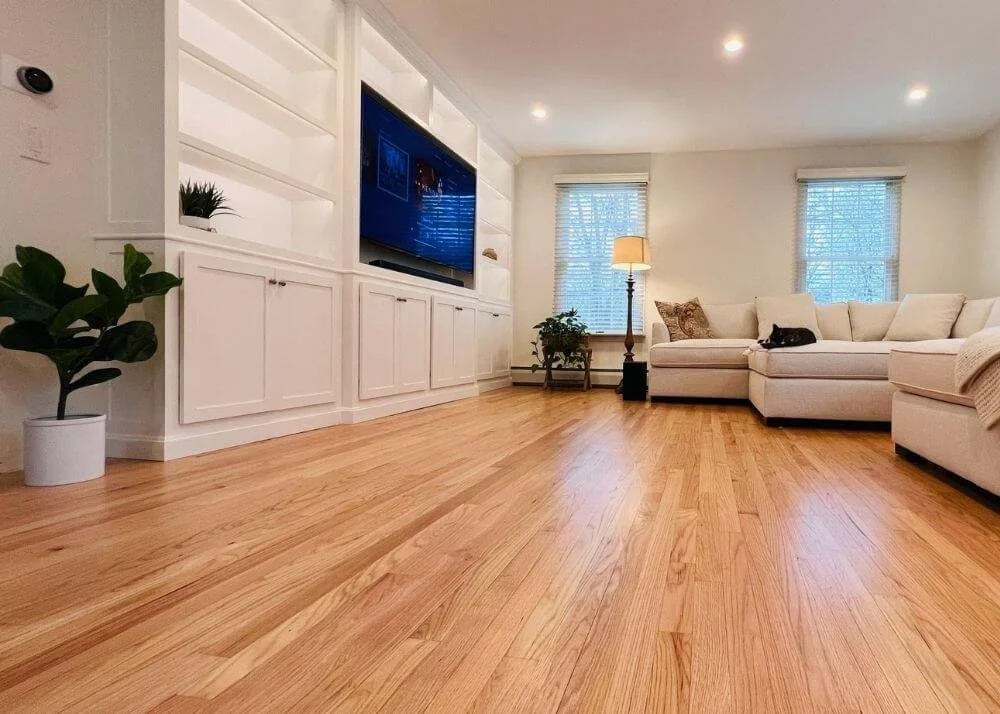 Living room hardwood floor refinishing project Shrewsbury MA