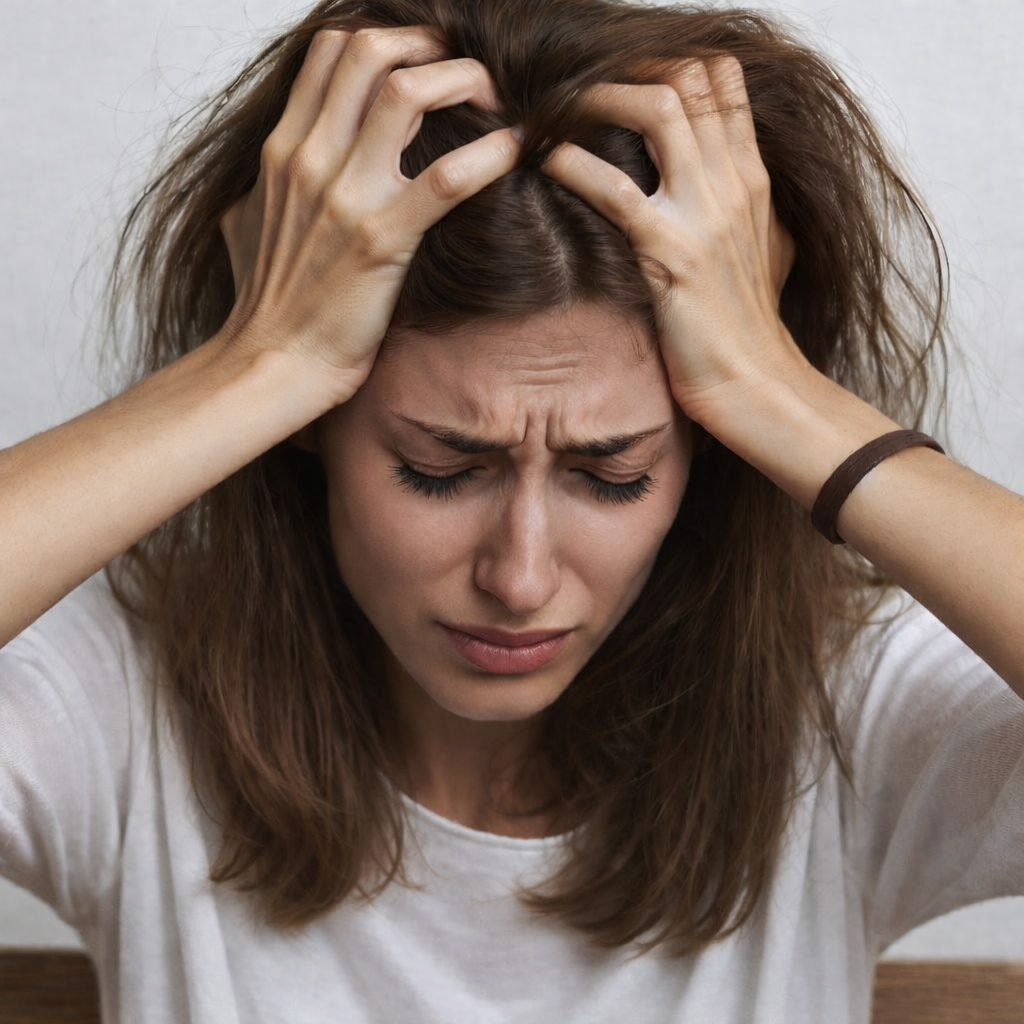 Brown-haired woman with scared and painful facial expression holding both hands on head while having a trigeminal autonomic cephalalgia headache.