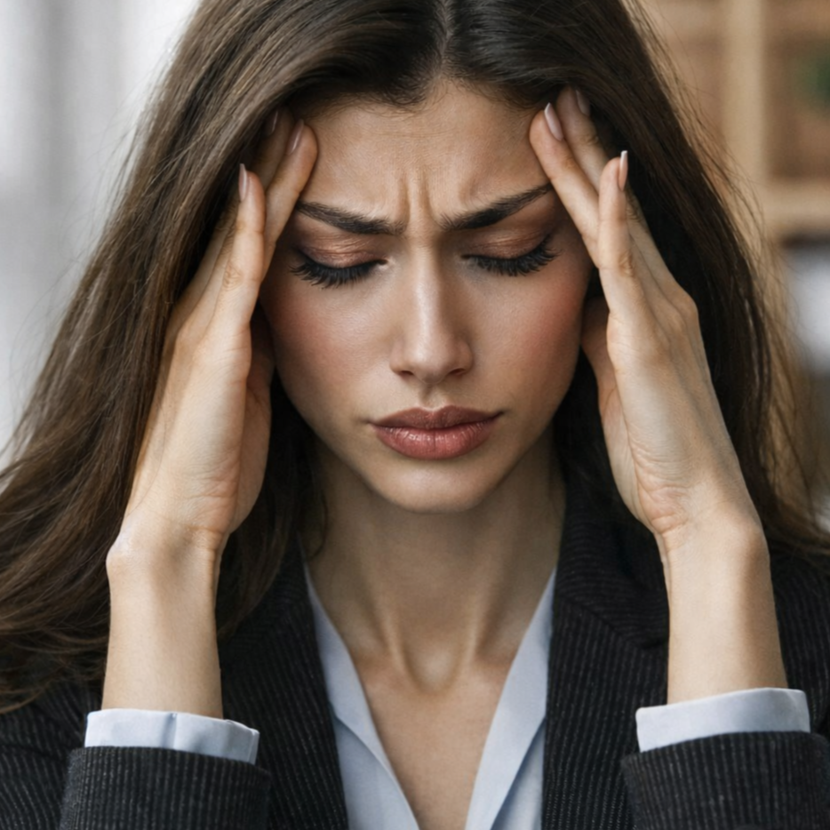 Dark brown-haired woman with painful facial expression touching both of her temples while she is experiencing a migraine headache.