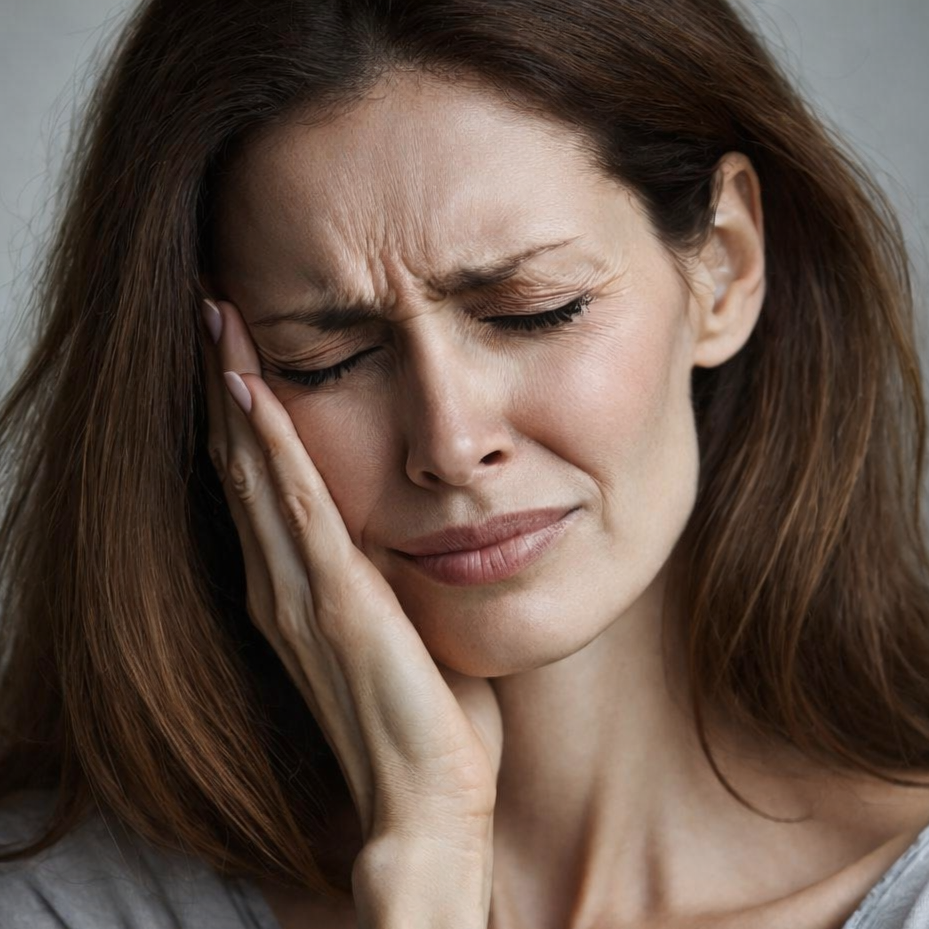 Brown-haired woman with painful facial expression holding the right side of her face and TMJ where she is experiencing face and TMJ pain.
