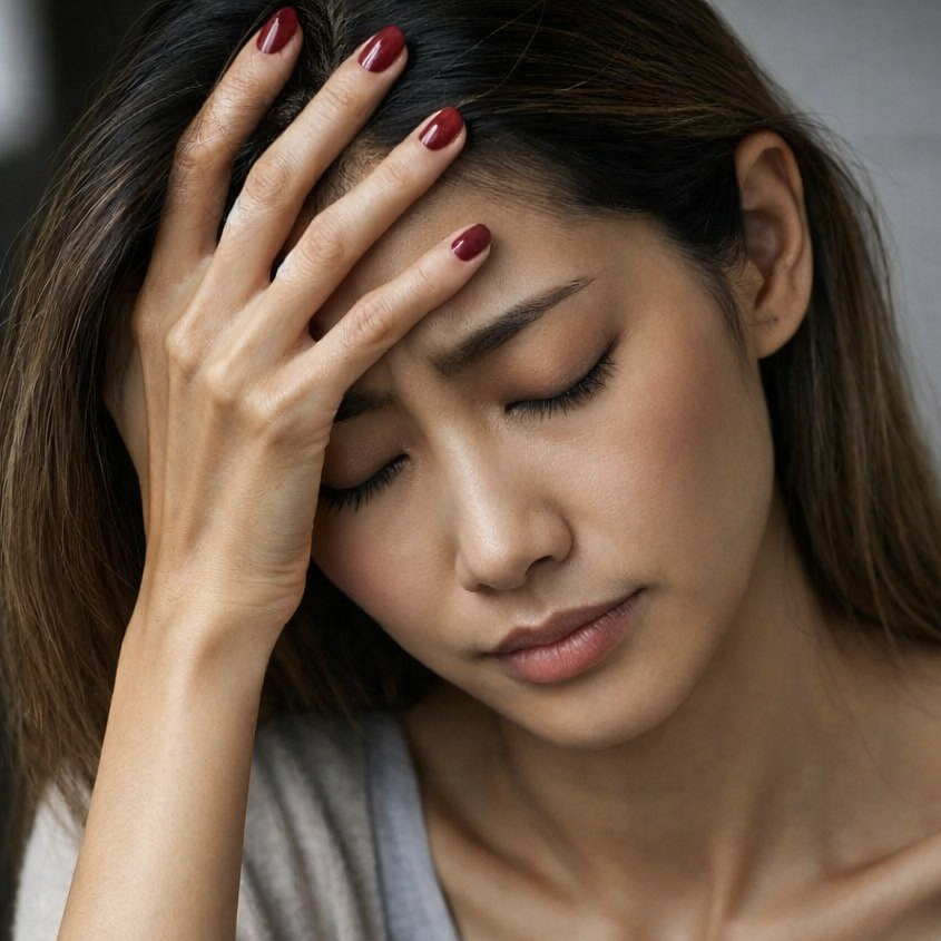 Dark-haired woman experiencing headache and holding head.