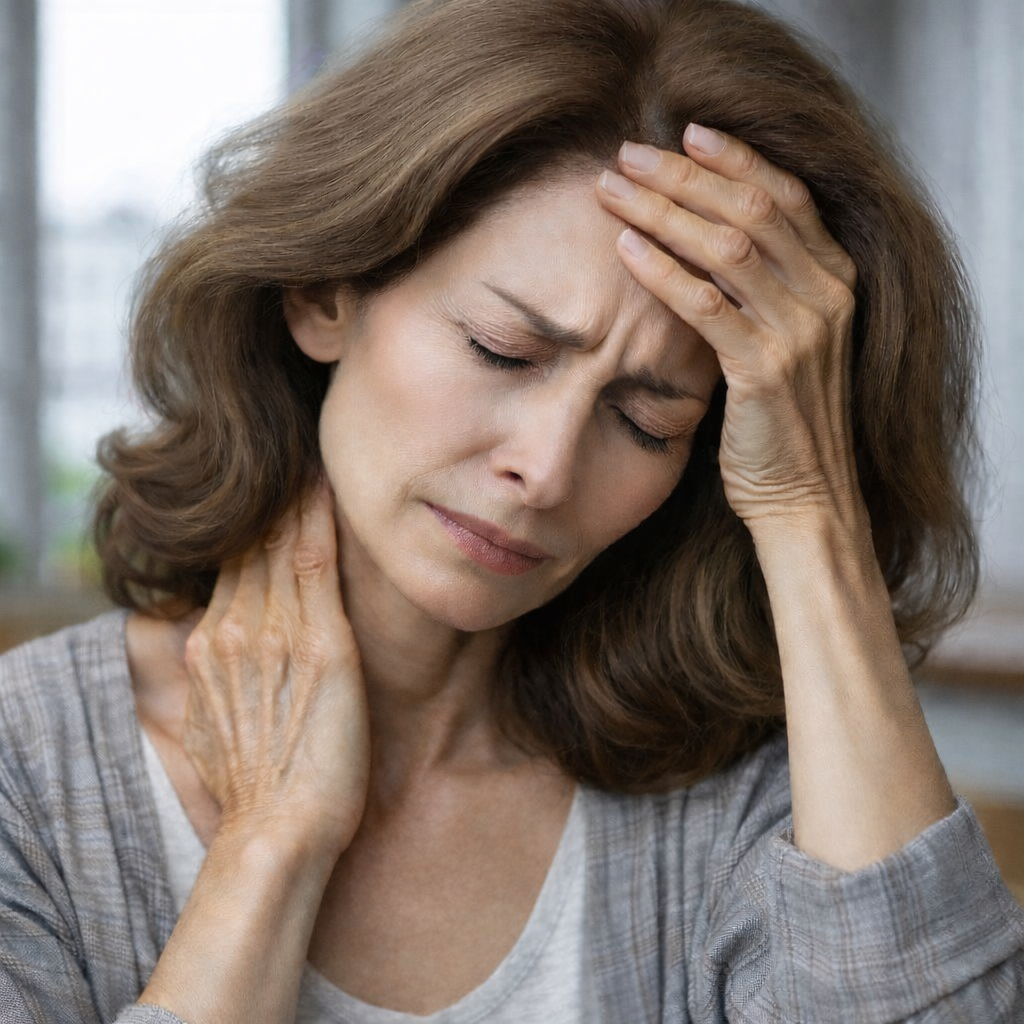 Brown-haired woman with tired and painful facial expression holding her forehead and neck while she is experiencing a tension-type headache.