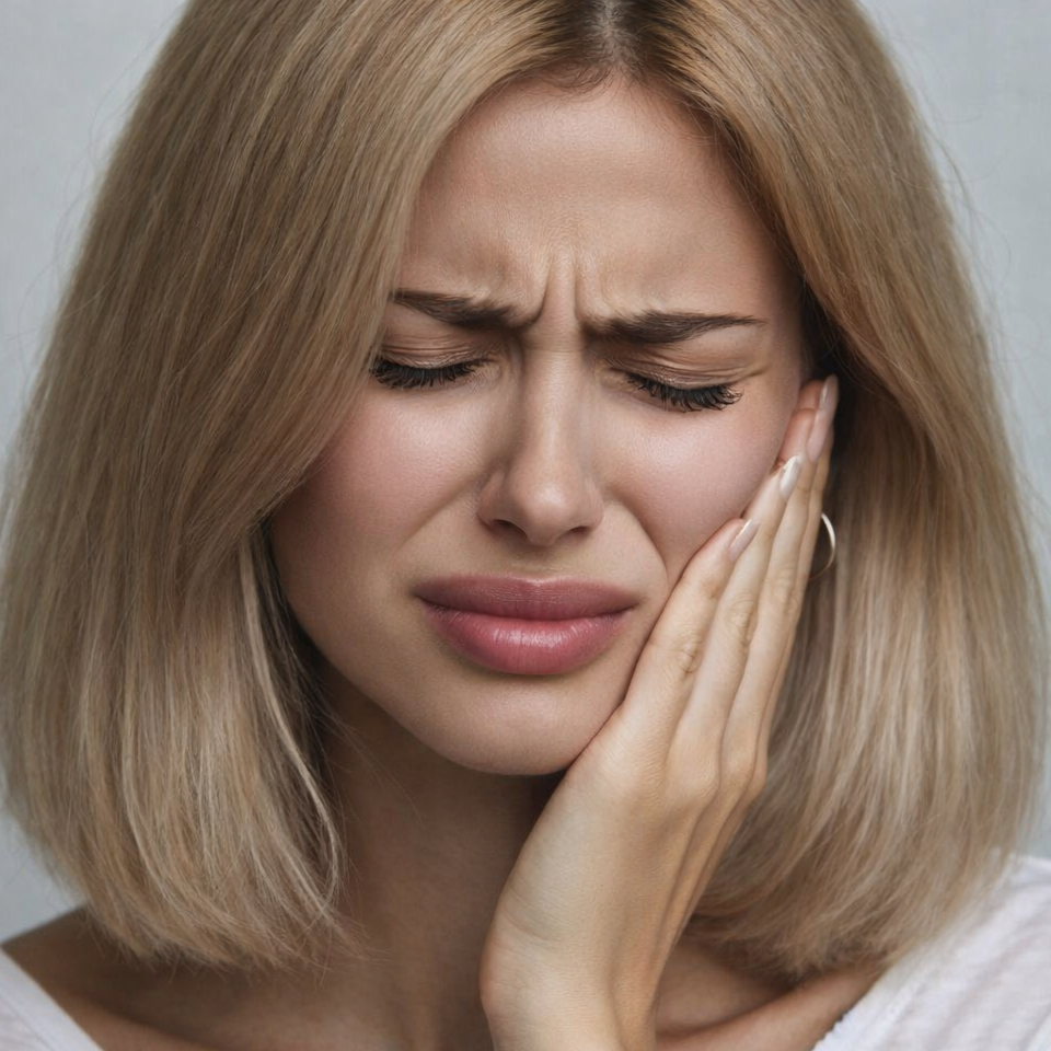 Blonde-haired woman wincing in pain and holding her face and TMJ while she is having a headache.