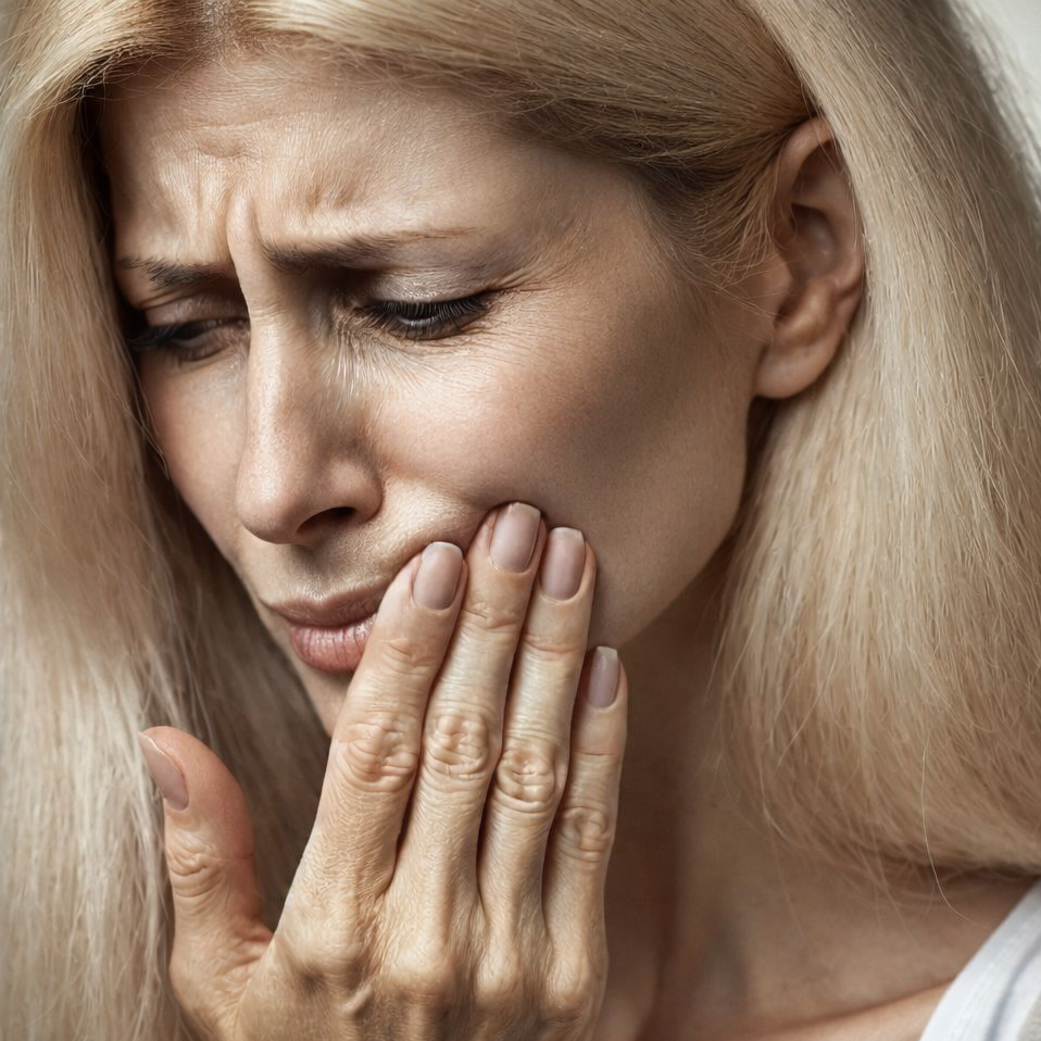 Blonde woman experiencing mouth pain and holding the corner of her mouth where she has pain.